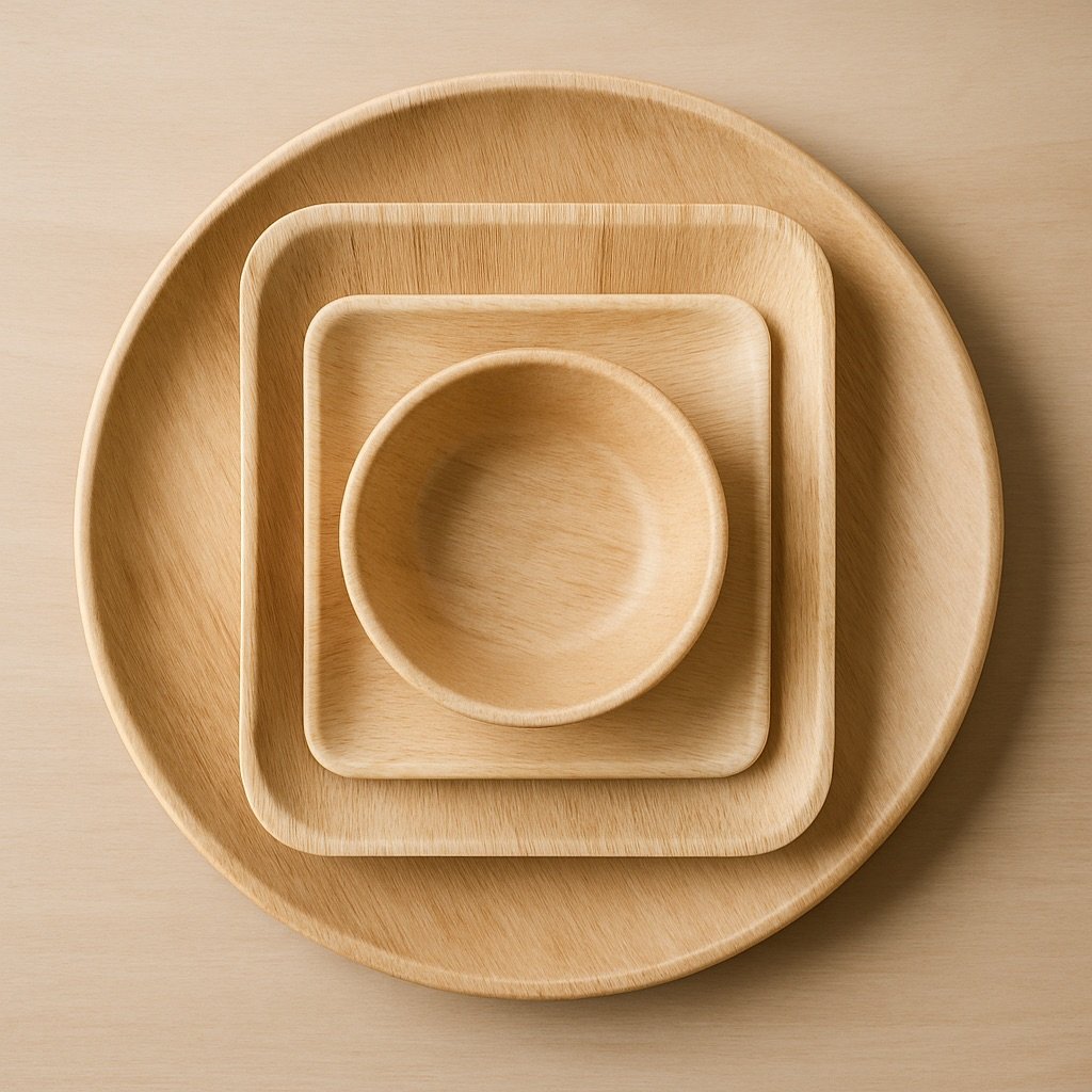 Set of four nested areca bowls and plates in various sizes, stacked inside each other on a flat surface.
