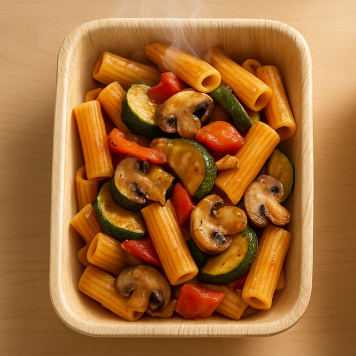 Cooked pasta with zucchini, mushrooms, red bell peppers, and green peppers in a areca dish.