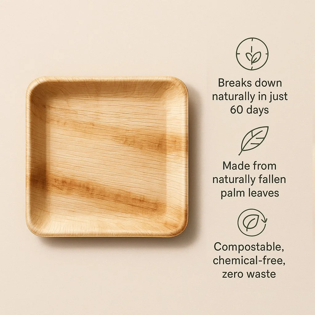 Areca square plate with text indicating it is eco-friendly, breaks down naturally in 60 days, made from fallen palm leaves, and is compostable without chemicals.