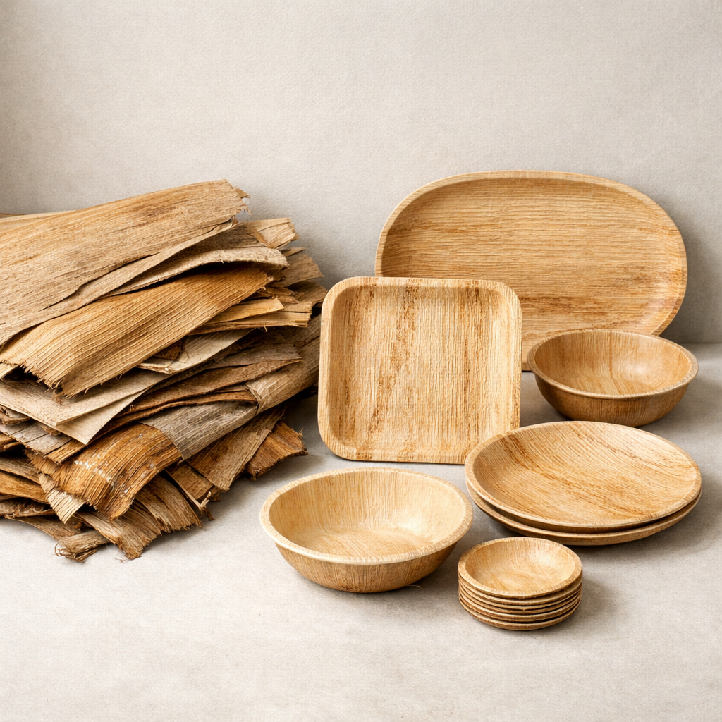 Areca bowls and plates arranged with a stack of dried plant material on a neutral background.