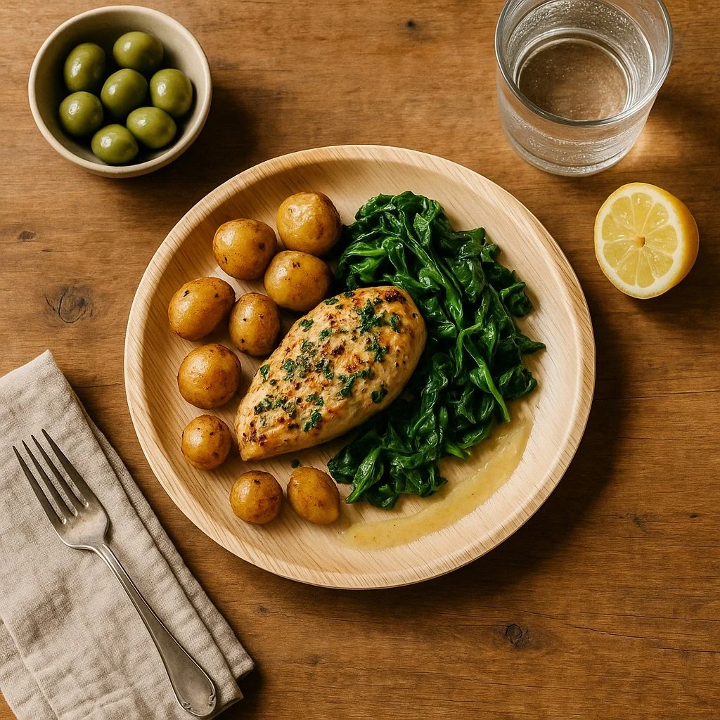 A biodegradable areca plate with a cooked chicken breast topped with herbs, served with fresh cooked spinach and small roasted potatoes on a wooden table. Accompanying items include a glass of water, half a lemon, and a bowl of green olives.