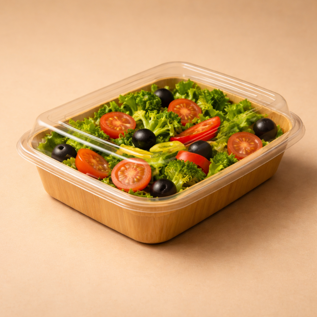 Container of mixed green leaf lettuce, cherry tomatoes, black olives, and sliced red bell peppers.