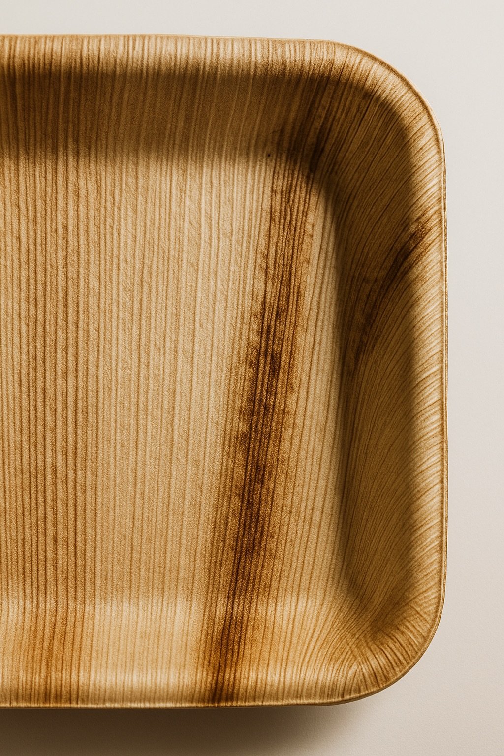 Close-up of a rectangular areca tray with rounded edges and visible grain pattern.