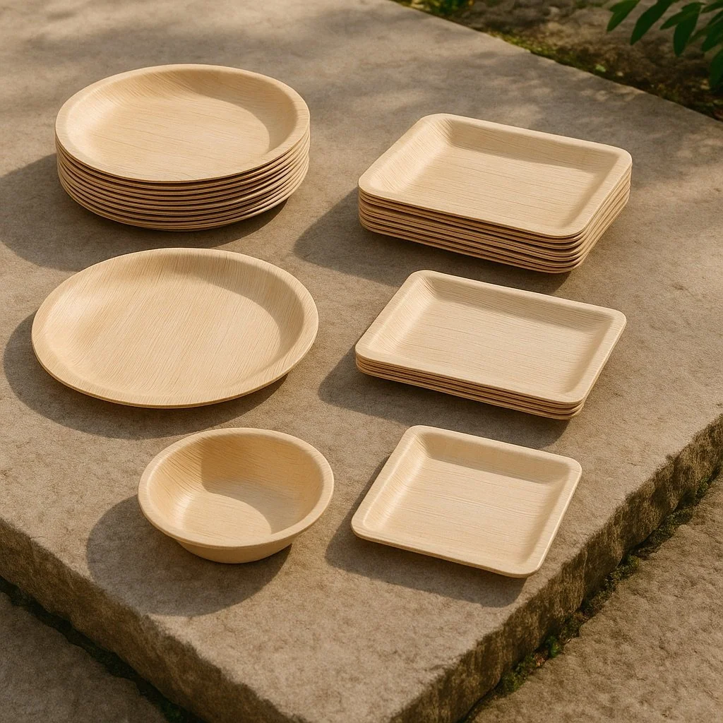 Stacked areca plates and bowls of various shapes and sizes on a stone surface outdoors.