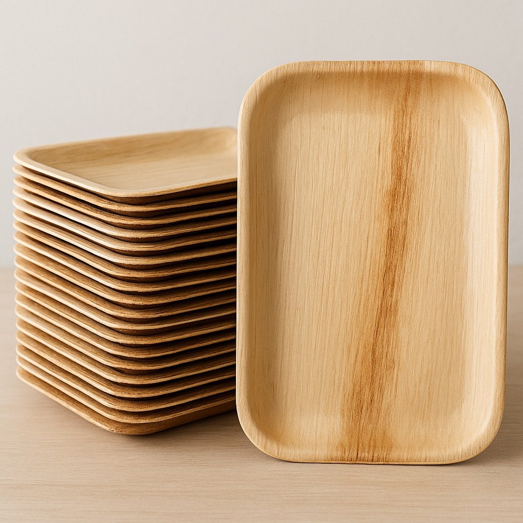 Stack of areca trays, with one tray standing upright in front.
