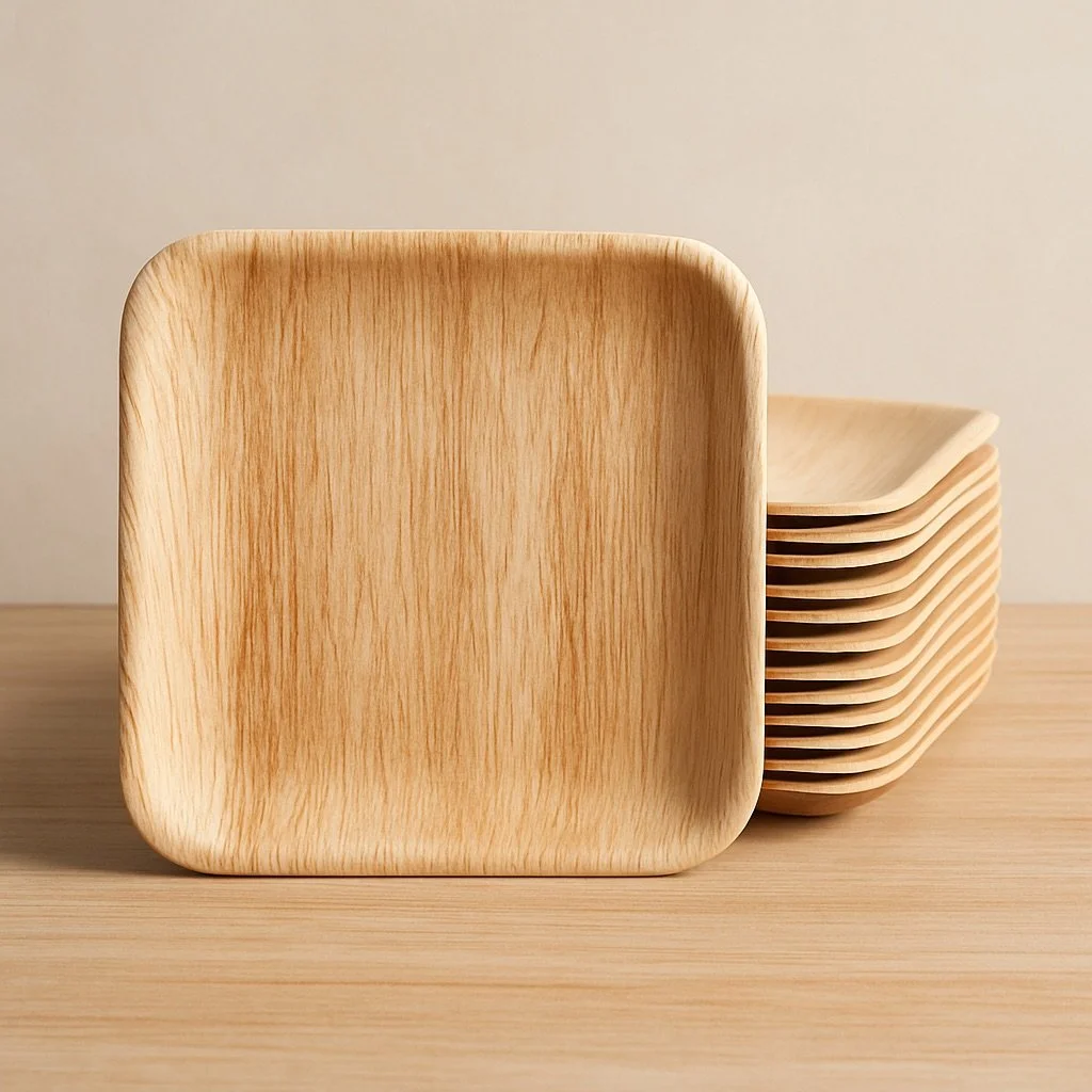 A stack of areca square plates on a wooden surface.