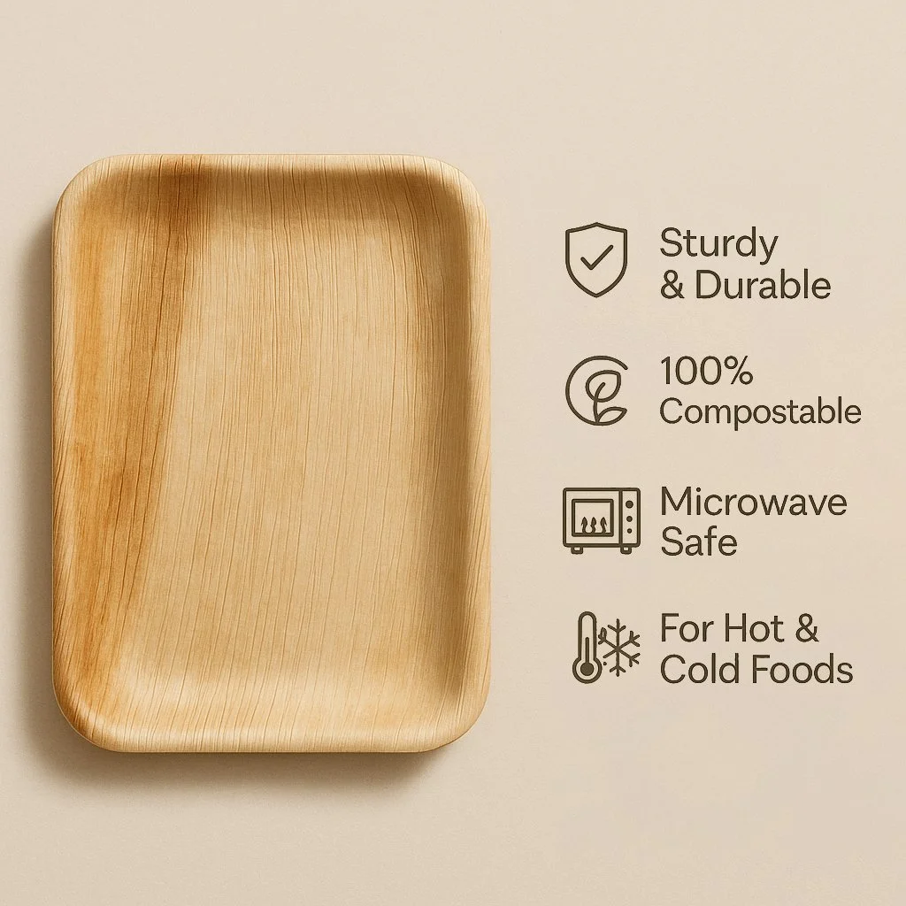 Areca tray with icons and text indicating it is sturdy and durable, 100% compostable, microwave safe, and suitable for hot and cold foods.