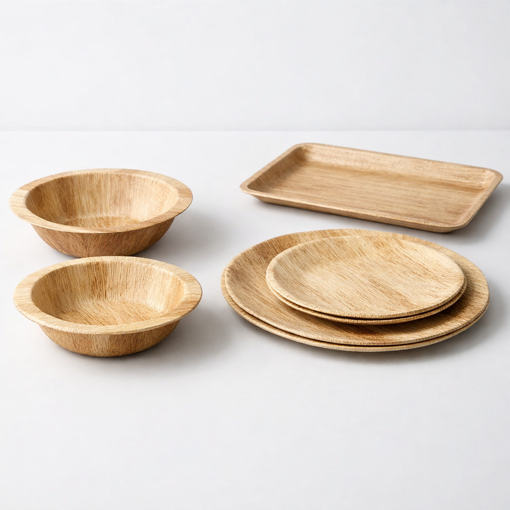 Set of areca bowls and plates on a white surface with a white background.