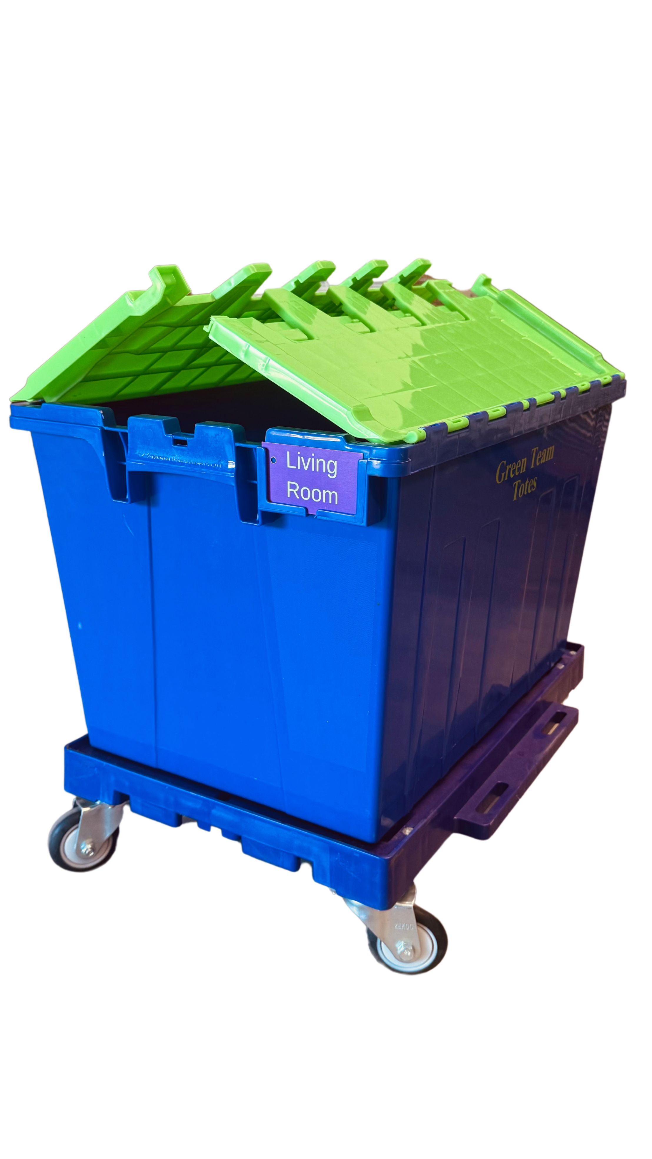 Blue utility cart with a partially open lid showing green tote bins labeled 'Living Room' inside, on a black background.