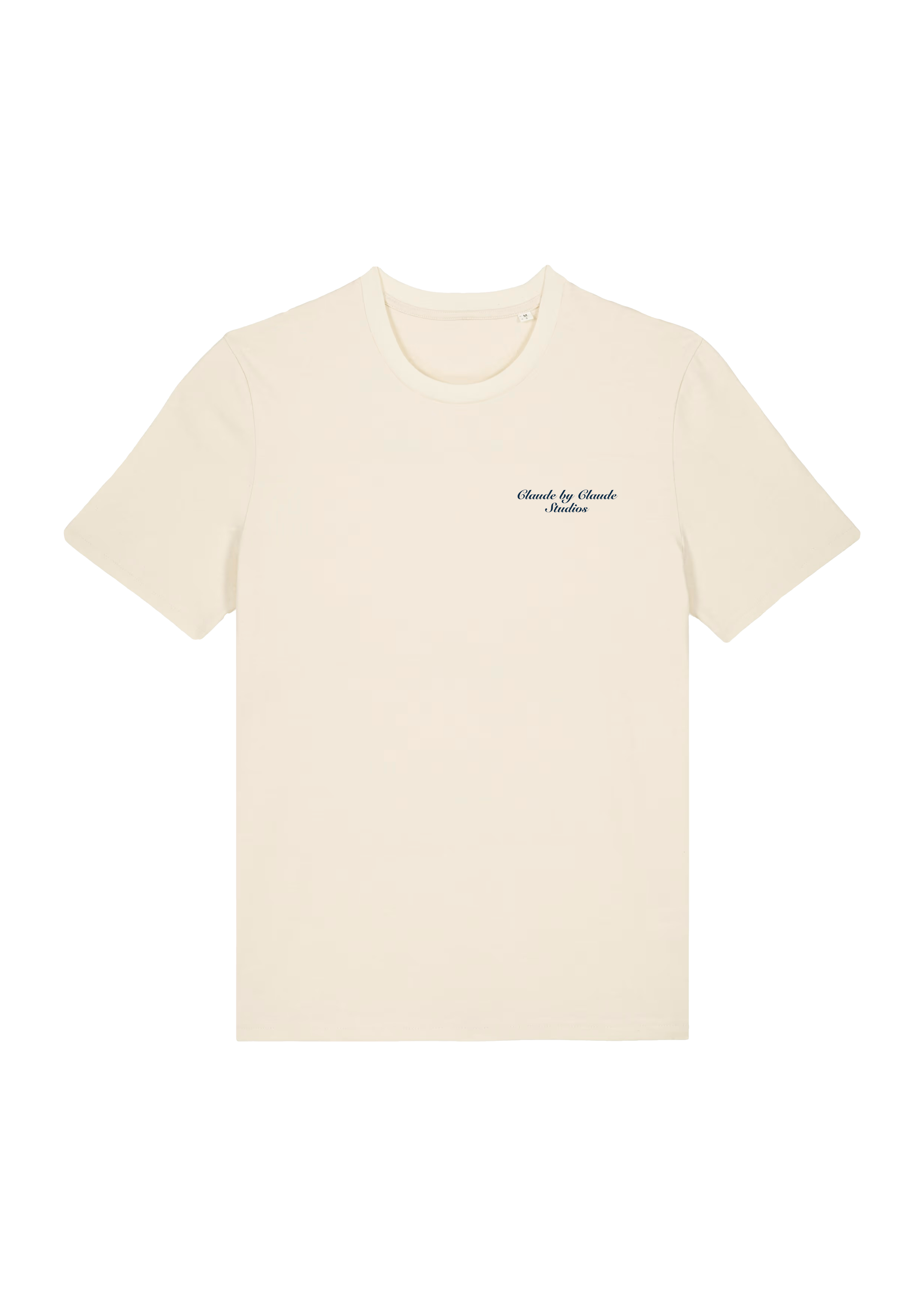 Image à plat d’un t-shirt beige avec l’inscription bleue marine CLAUDE BY CLAUDE STUDIOS au niveau du coeur.