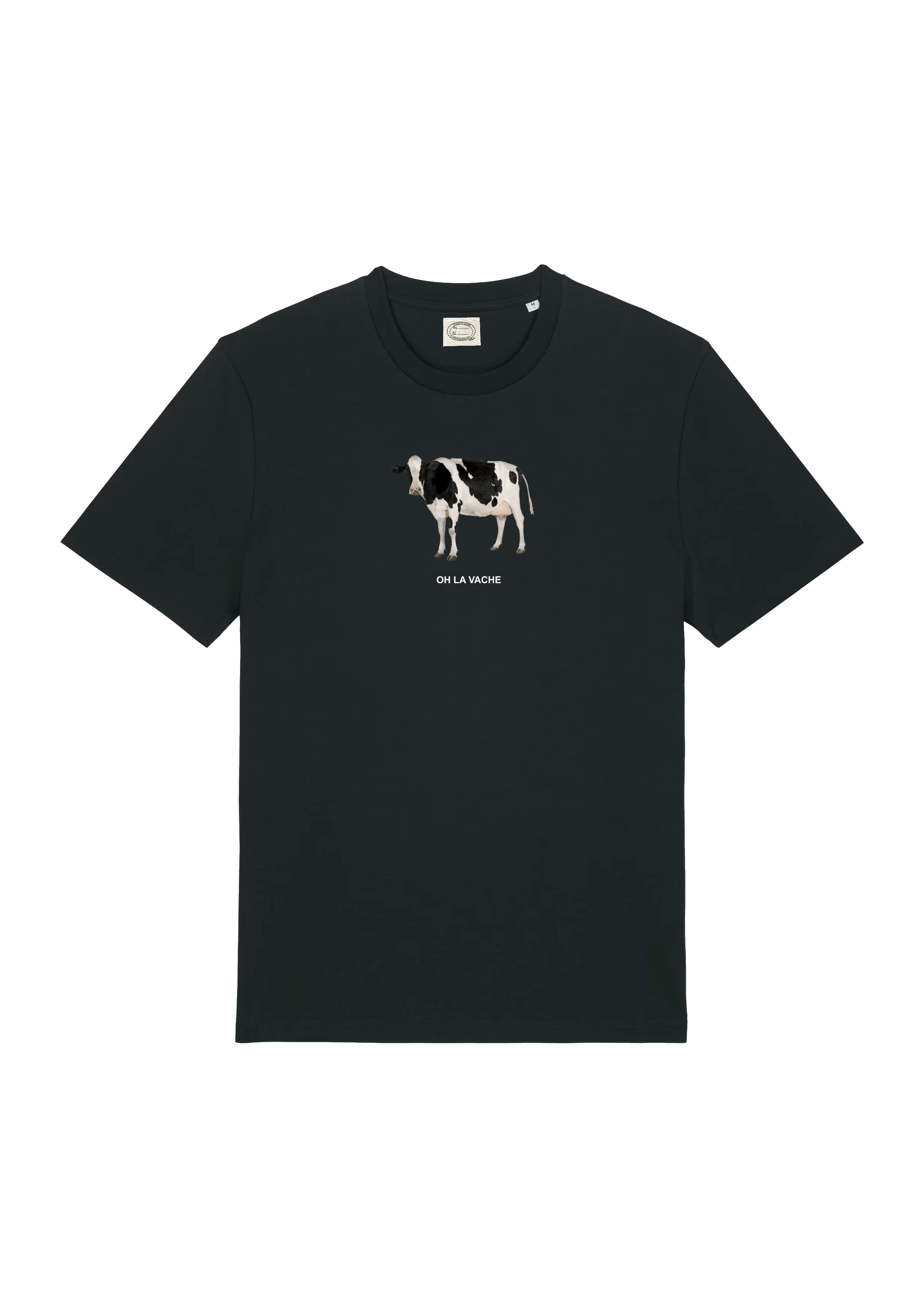 Image à plat d’un t-shirt noir avec le visuel d’une vache sur le devant