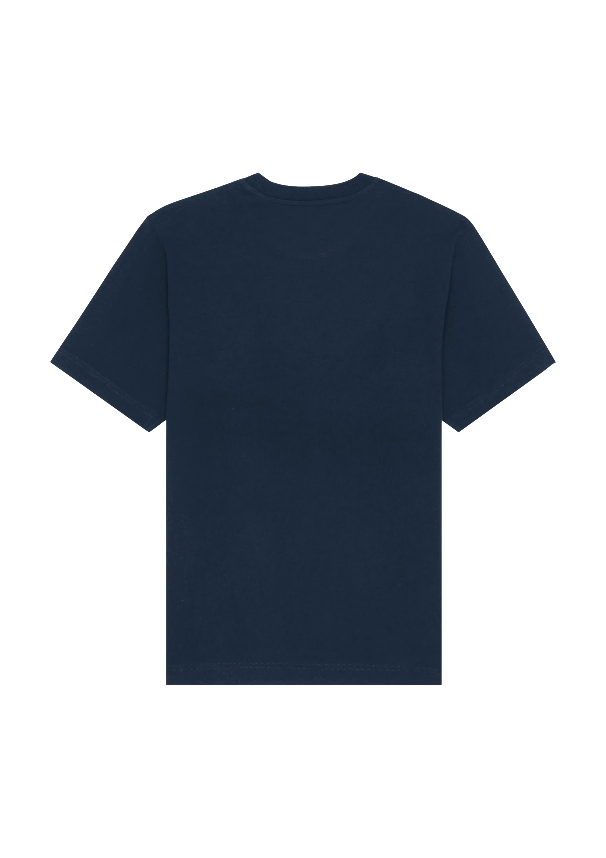 Image à plat d’un t-shirt bleu marine de dos.