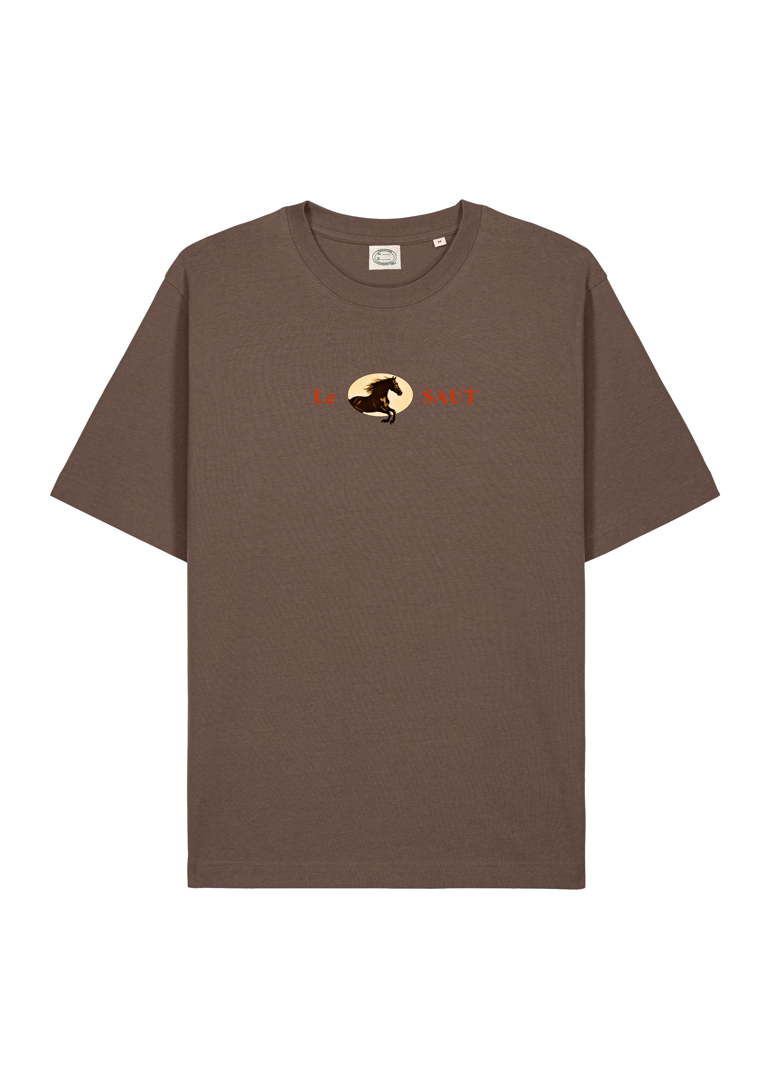 Image à plat d’un t-shirt marron chocolat avec le visuel d’un cheval sautant des barres.