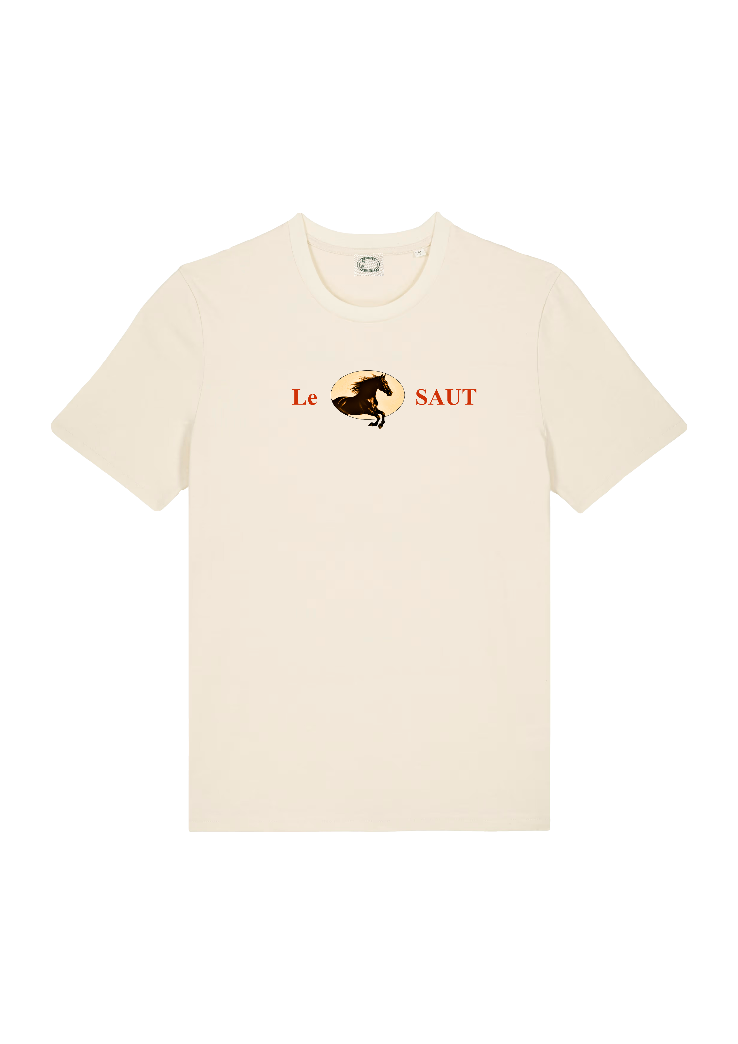 Image à plat d’un t-shirt beige avec le visuel d’un cheval sautant des barres.