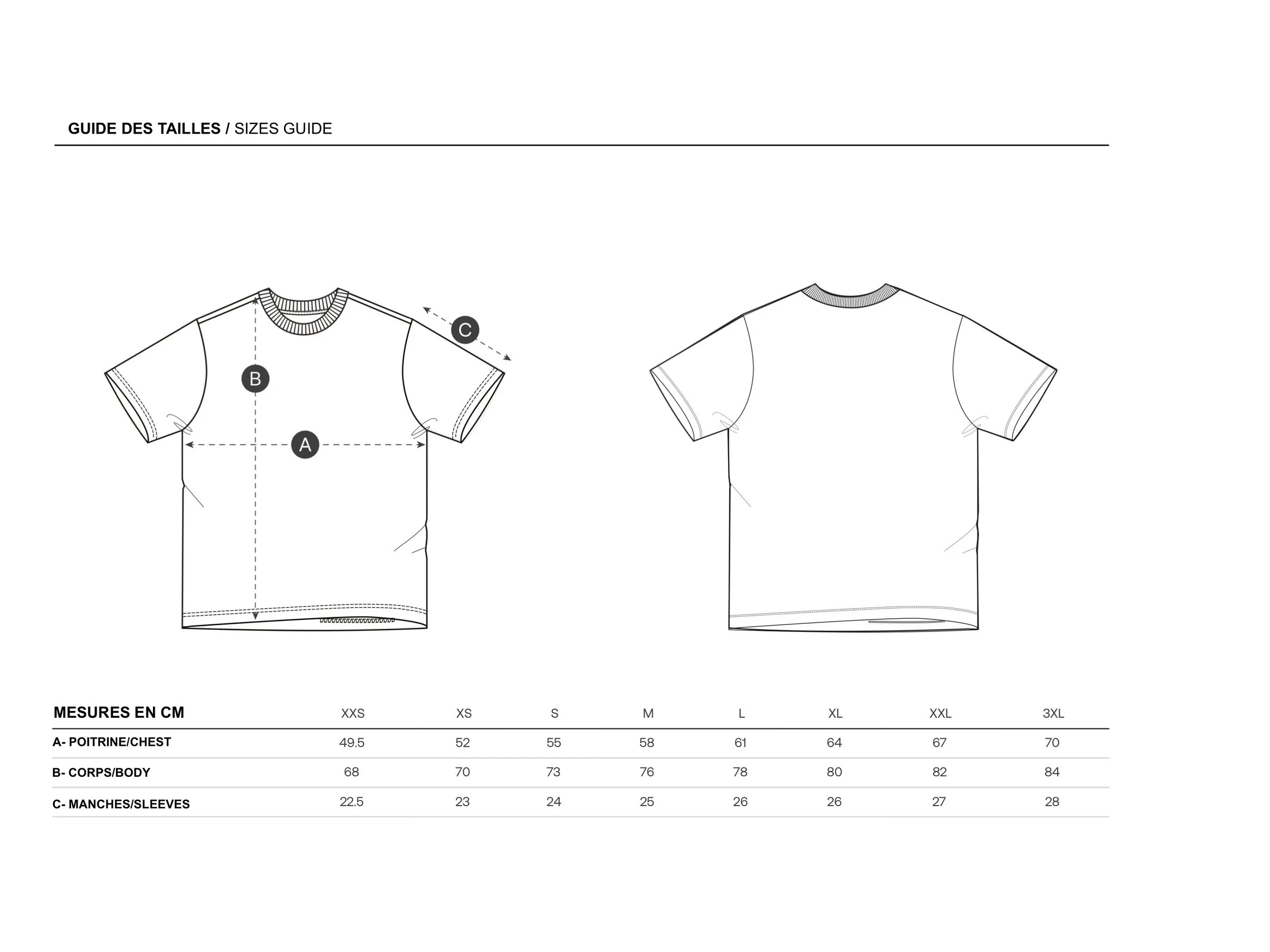 Dessins technique des guide de tailles des t-shirts Premium
