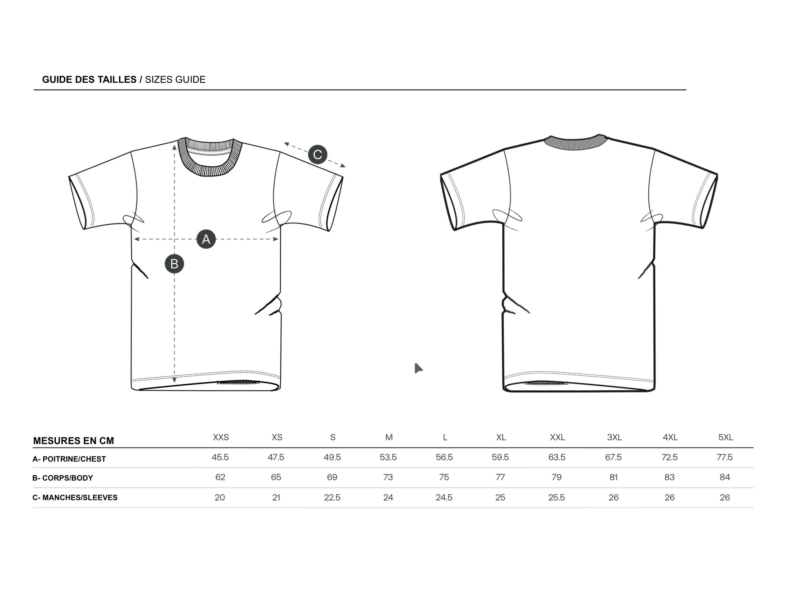 Dessins technique des guide de tailles des t-shirts ‘Les essentiels’