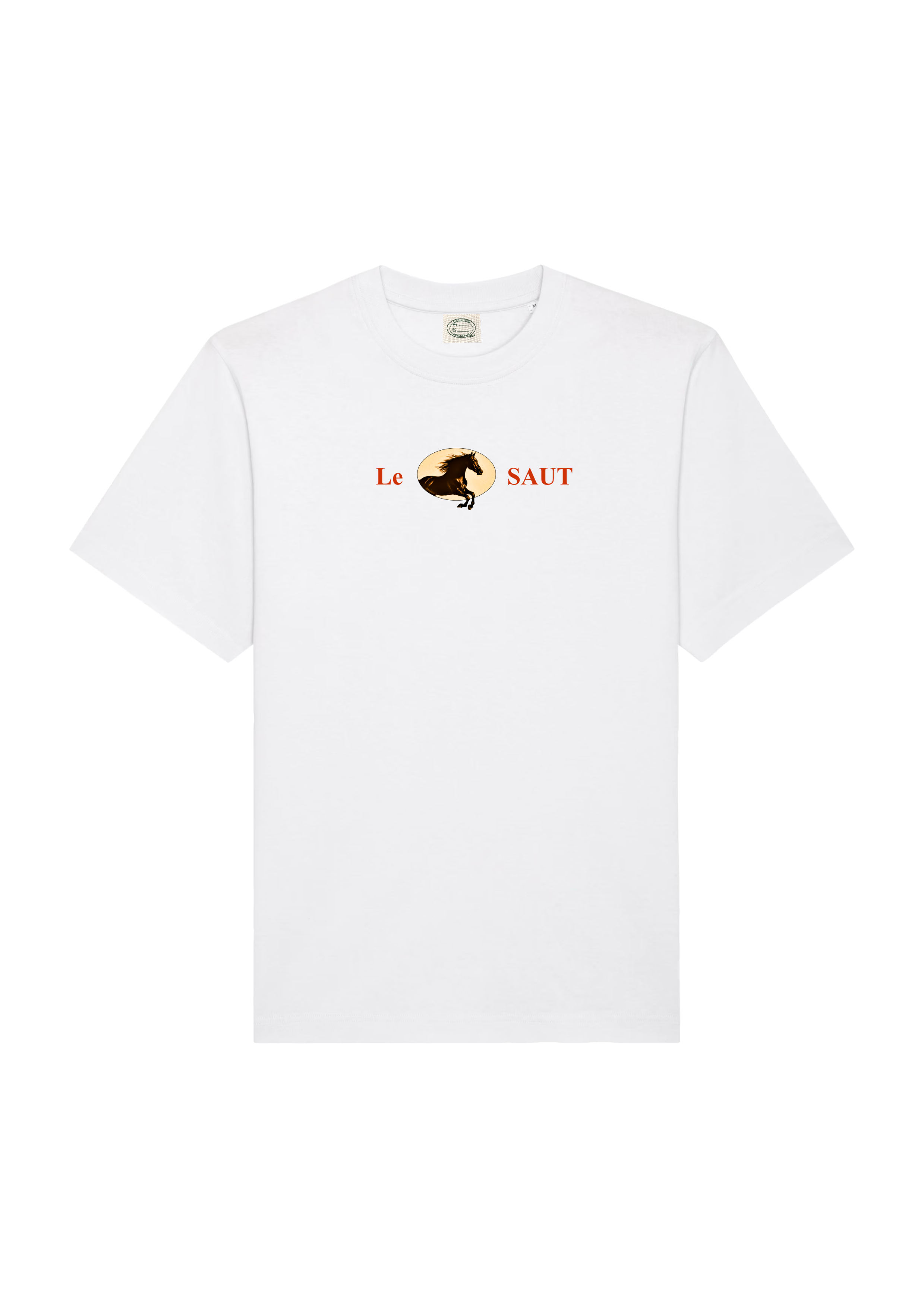 Image à plat d’un t-shirt blanc avec le visuel d’un cheval sautant des barres.