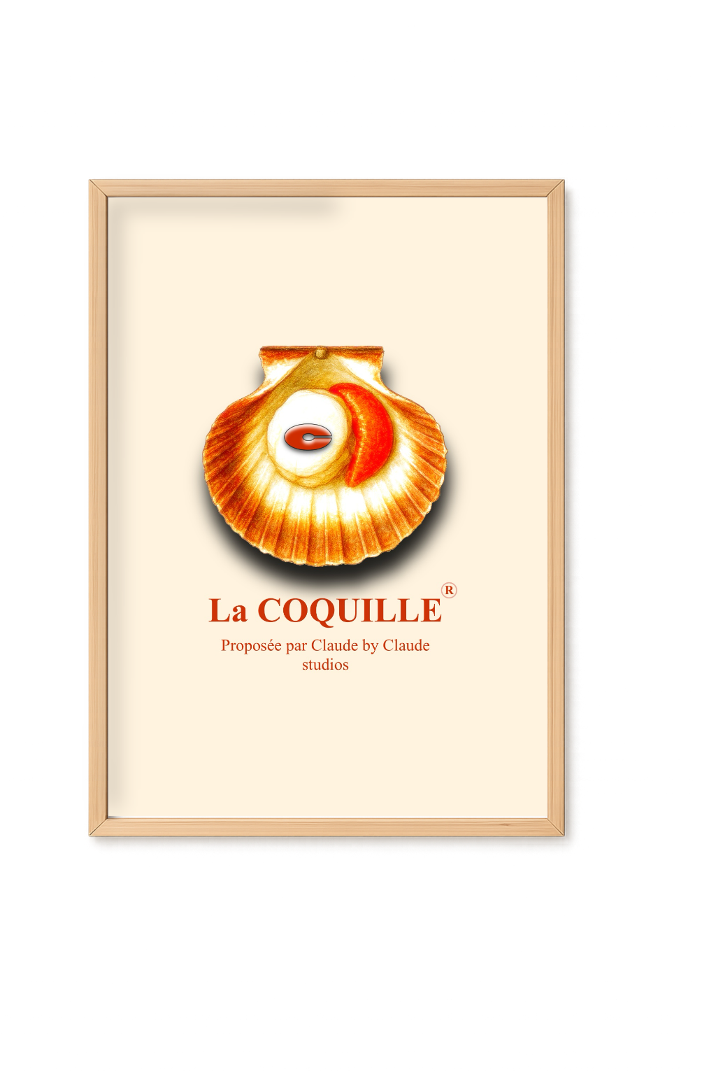 Affiche encadrée d’une coquille saint Jacques dans les tons orange, avec un C en son centre et sur un fond beige texturé