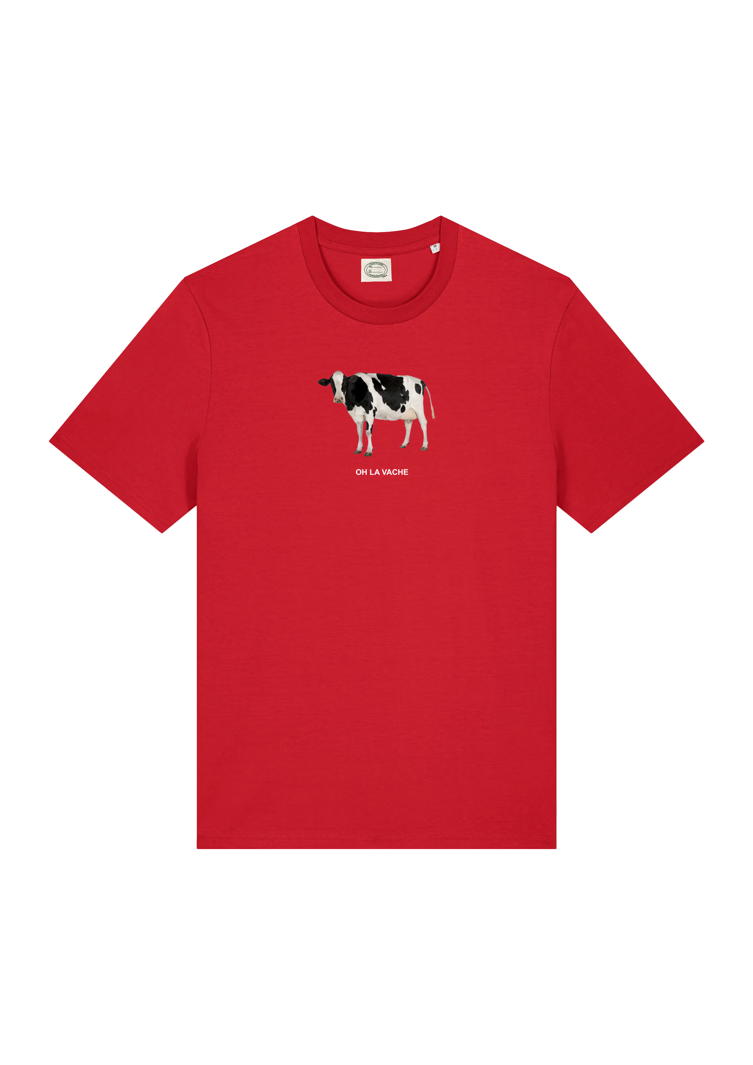 Image à plat d’un t-shirt rouge avec le visuel d’une vache sur le devant