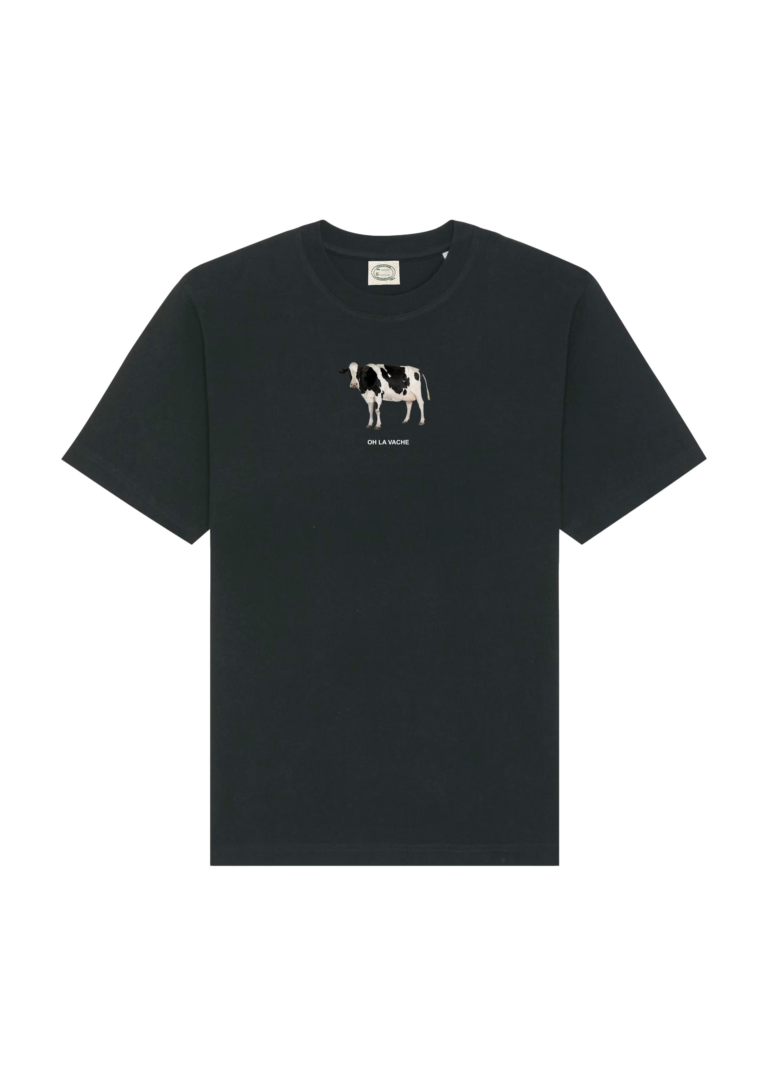 Image à plat d’un t-shirt noir avec le visuel d’une vache sur le devant