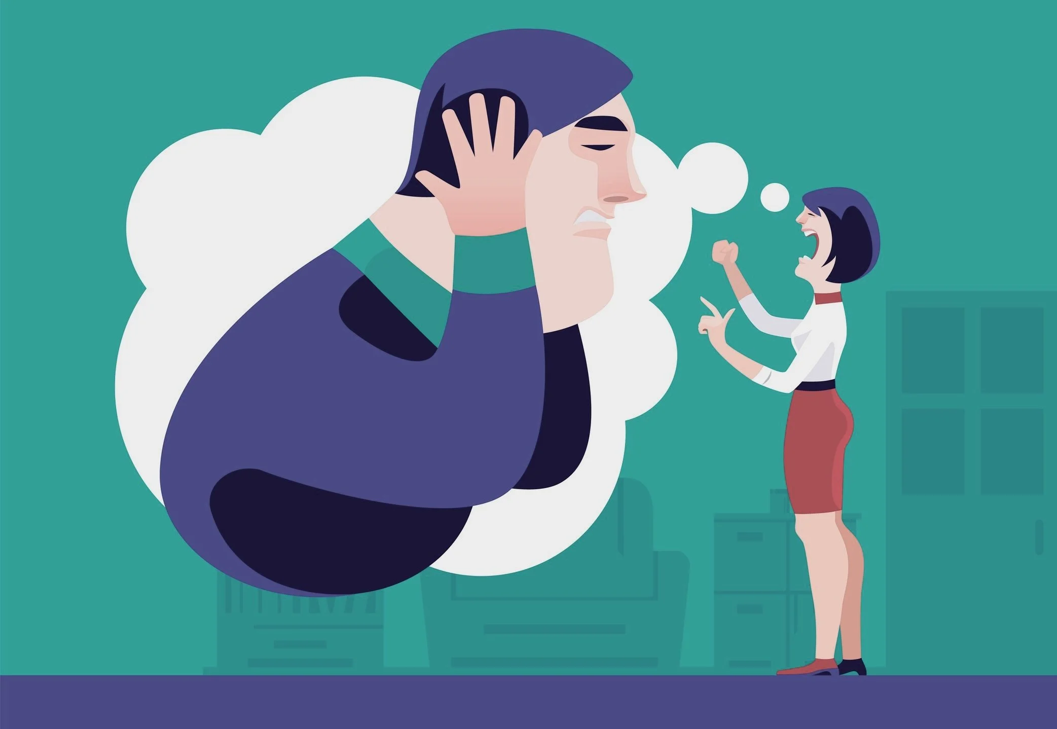 An illustration showing one partner yelling while the other covers their ears, representing the cycle of criticism and withdrawal in a relationship.
