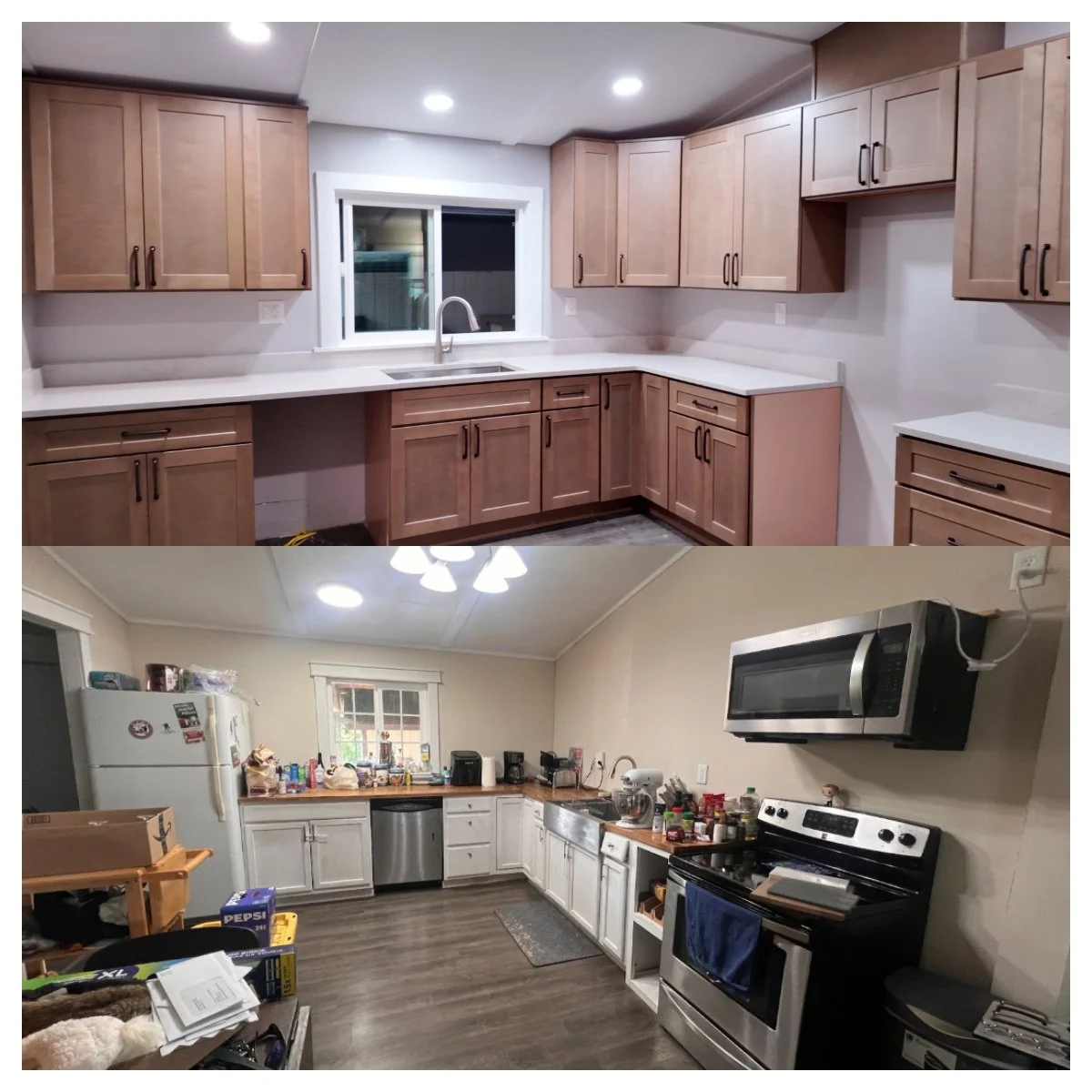 Comparison of a clean, modern kitchen with wooden cabinets and white countertops above an older, cluttered kitchen with white cabinets, a refrigerator, microwave, stove, and various kitchen items.