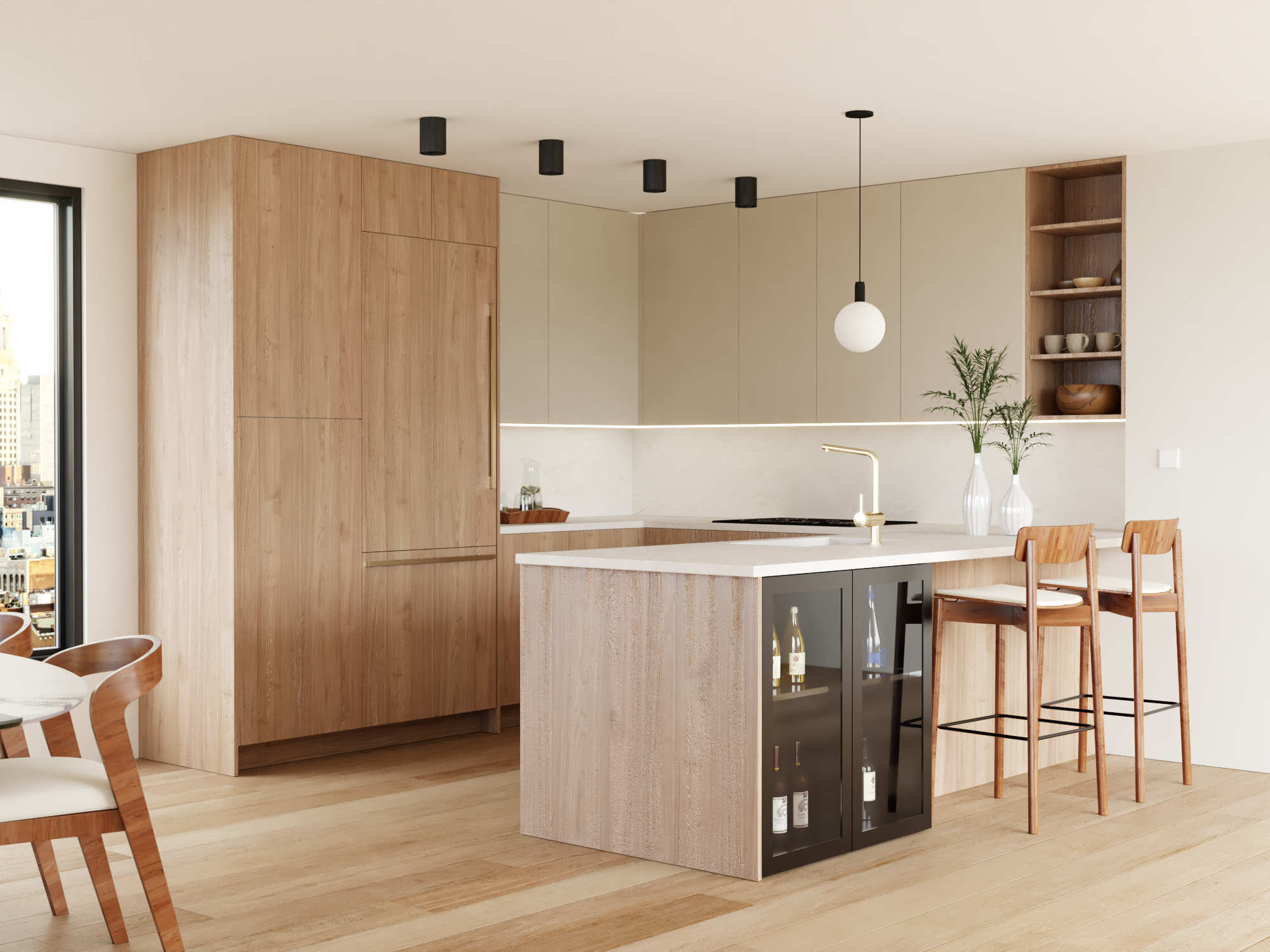 Natural wood flat panel cabinets, semi-custom 