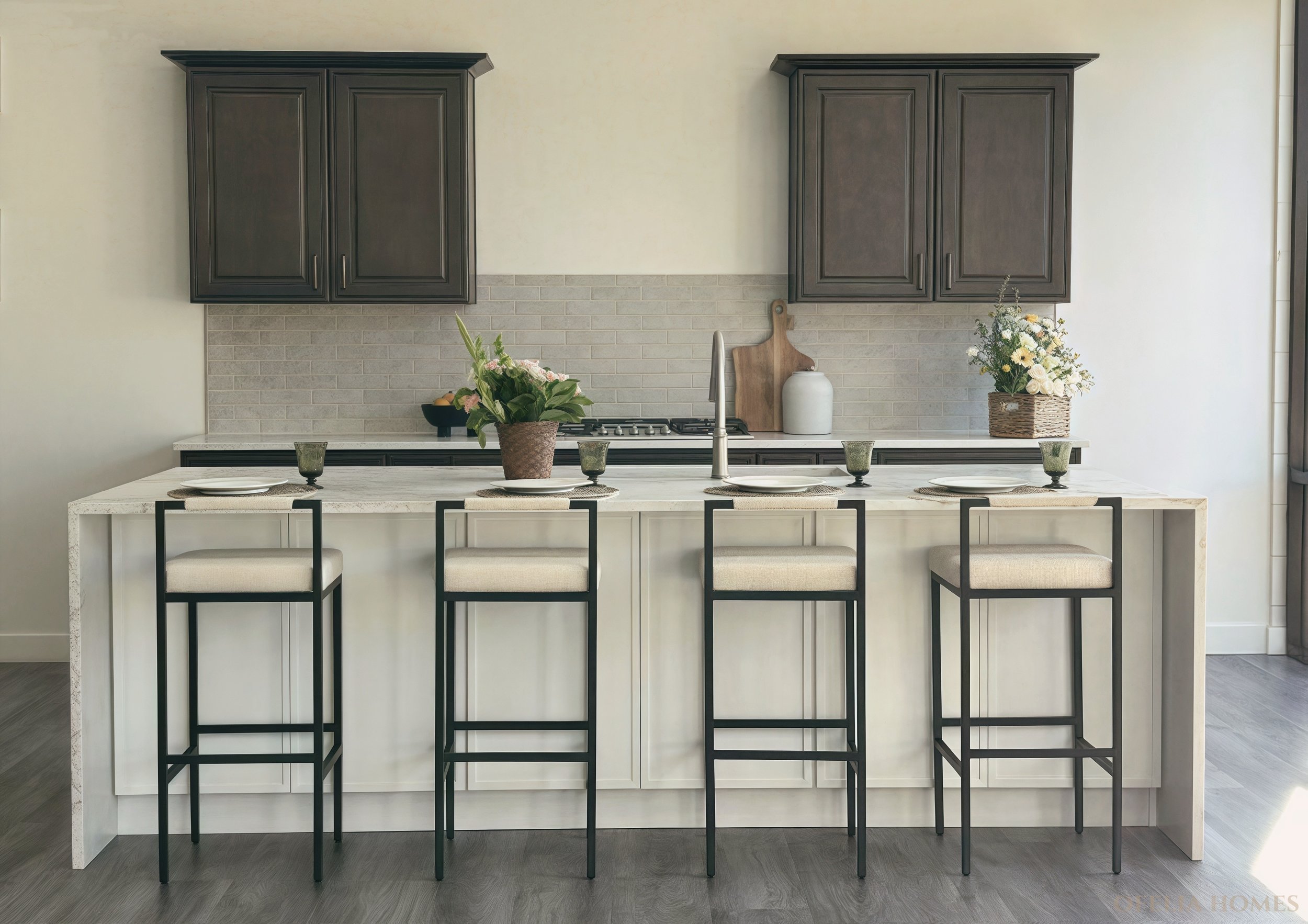 Modern kitchen with dark wood cabinets, marble countertop island, four high chairs, decor, and appliances."