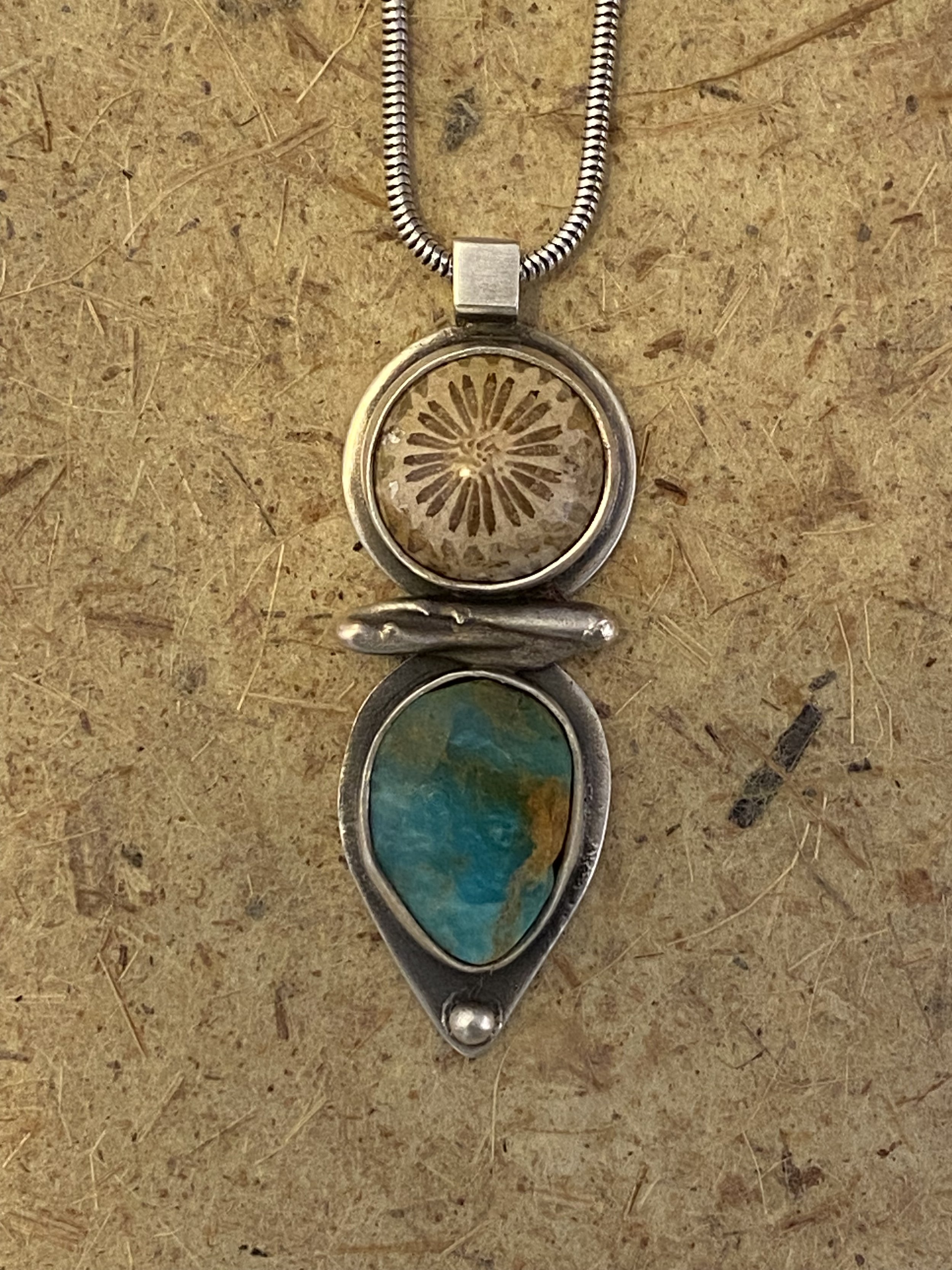 Fossilized Coral and Turquoise Necklace in Sterling Silver