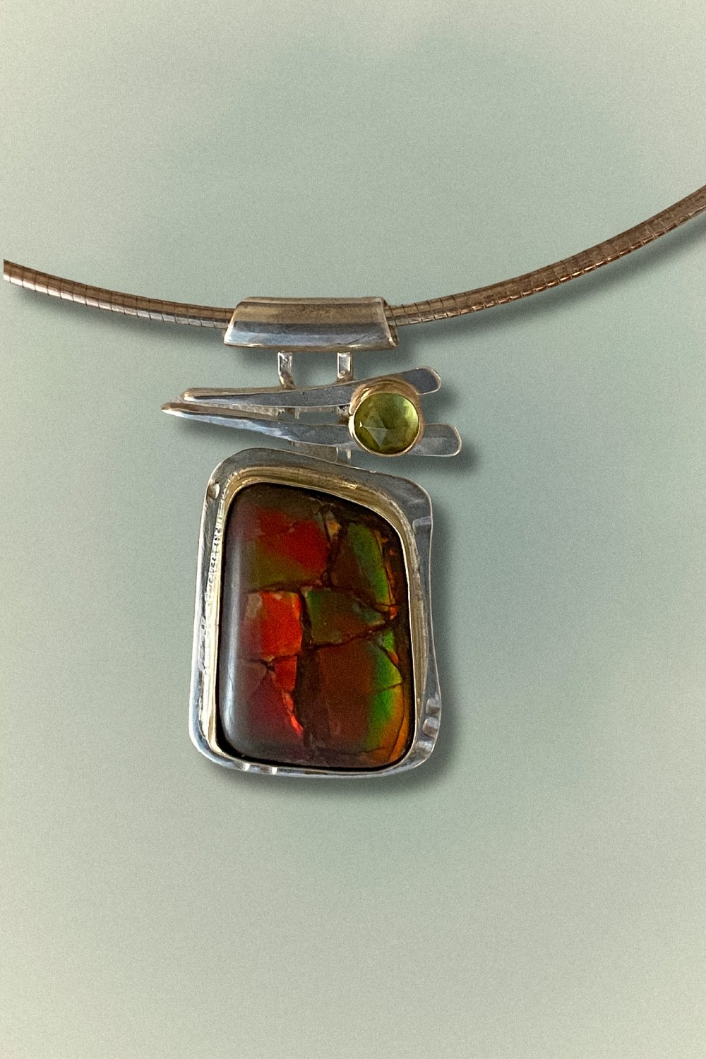 Golden Flame Ammonite Pendant in Sterling Silver and 18k Gold