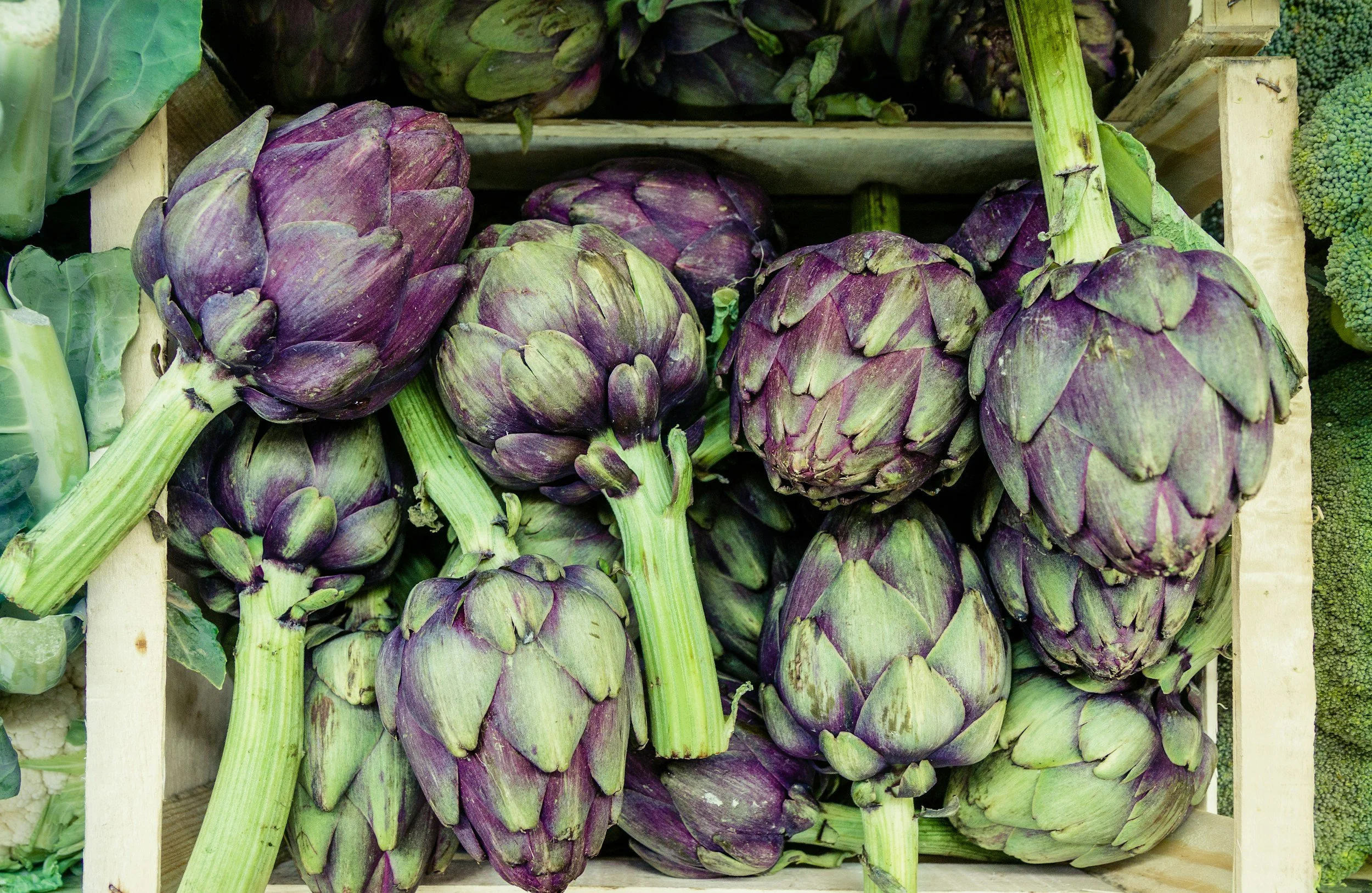 A crate filled with fresh purple artichokes, reflecting Saba Community Food Alliance’s dedication to distributing ethically sourced produce from BIPOC farmers to Bay Area communities.