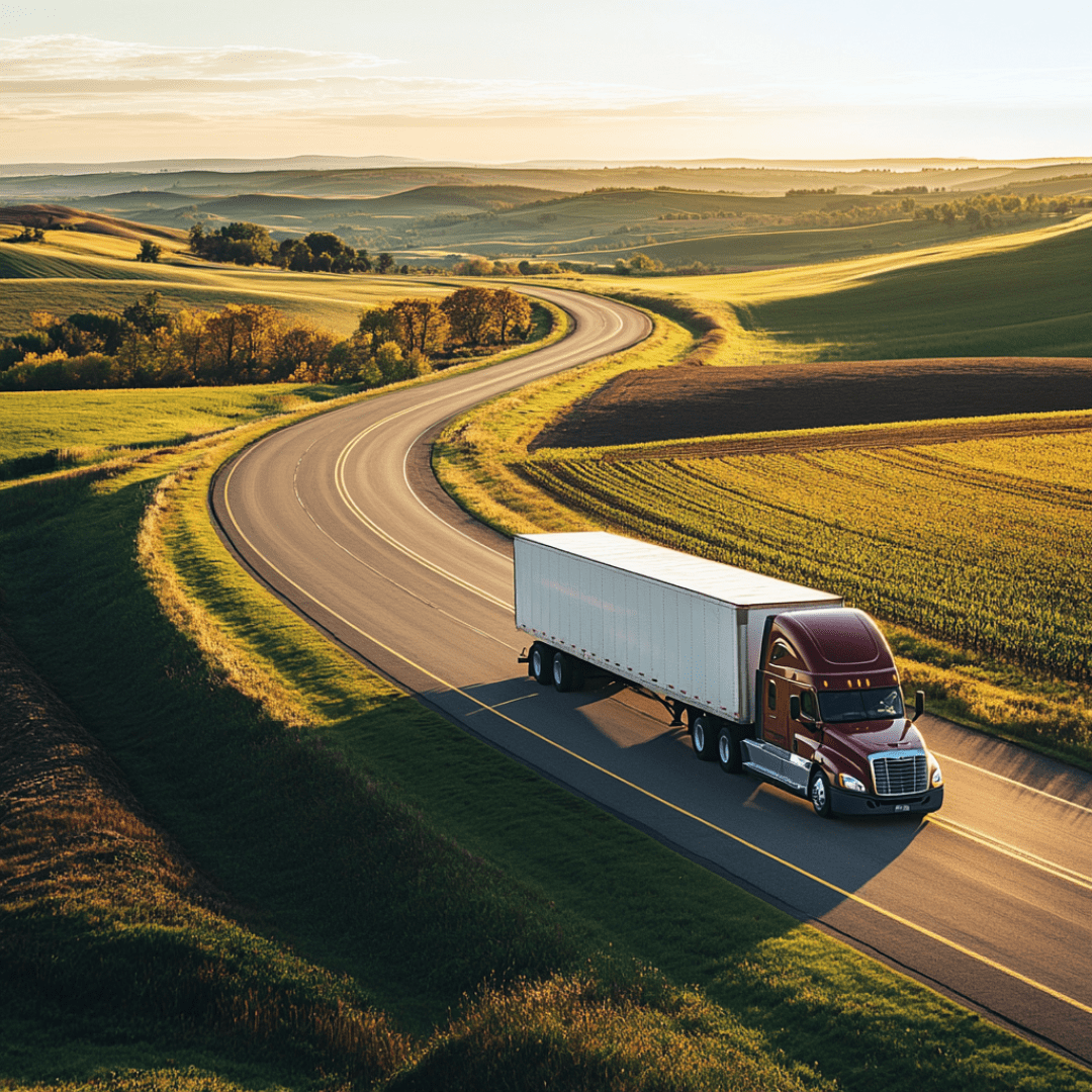 A delivery truck driving through scenic farmland at sunset, symbolizing Saba Community Food Alliance's efforts to transport fresh, ethically sourced produce from BIPOC farmers to communities across the Bay Area