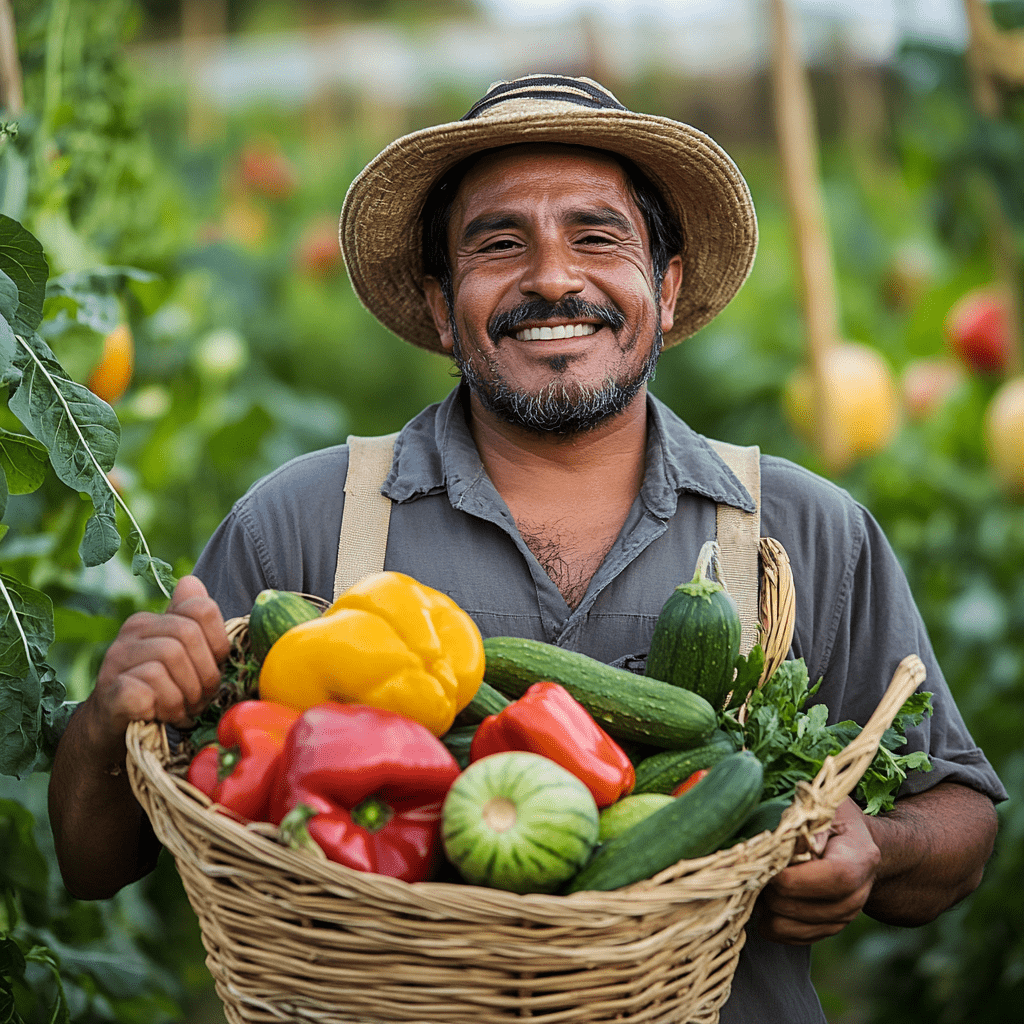 Smiling BIPOC farmer holding a basket of freshly harvested vegetables, including peppers and cucumbers, in a lush garden, representing the dedication to providing fresh, locally sourced produce for Saba Community Food Alliance’s ethical food distribu