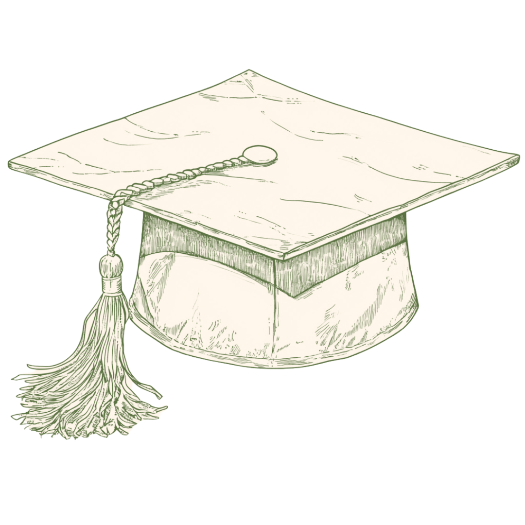 Hand-drawn illustration of a graduation cap, symbolizing education and achievement, potentially representing Saba Community Food Alliance's efforts in supporting educational initiatives alongside their commitment to food security in the Bay Area