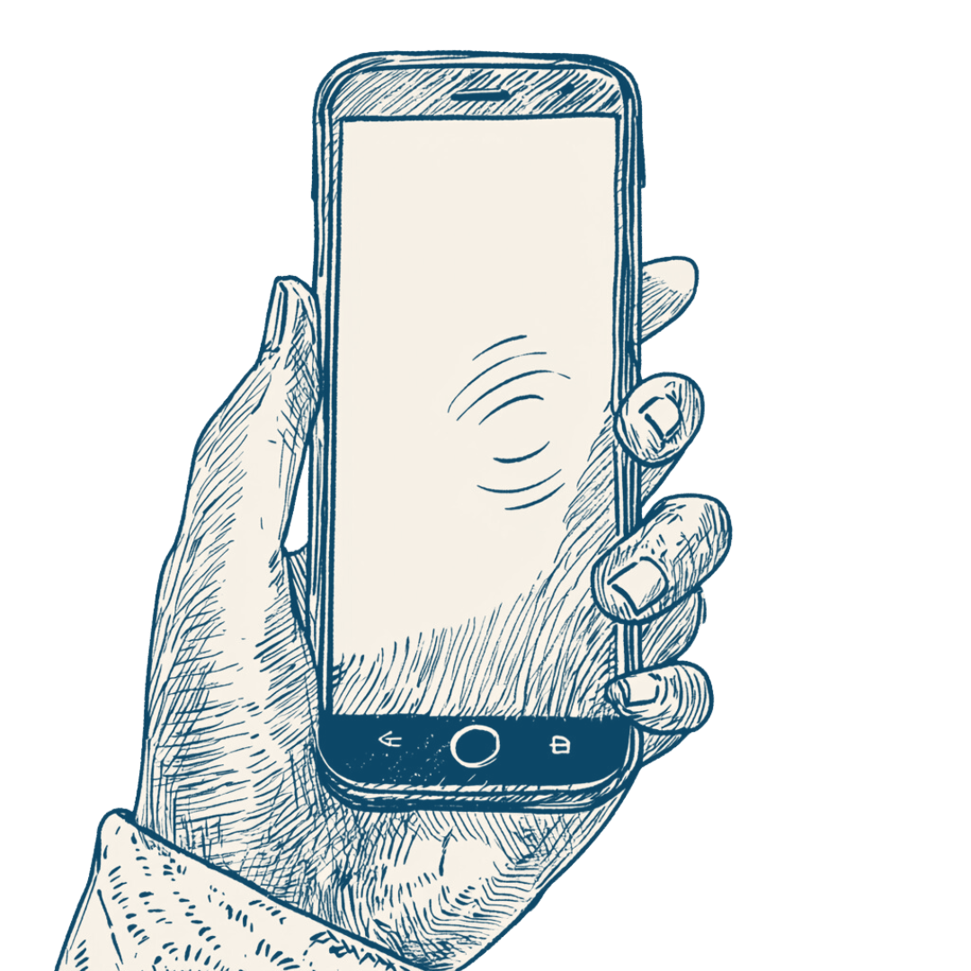 Hand-drawn illustration of a hand holding a smartphone, symbolizing communication and connectivity essential for coordinating Saba Community Food Alliance's operations and ensuring the timely distribution of ethically sourced produce in the Bay Area