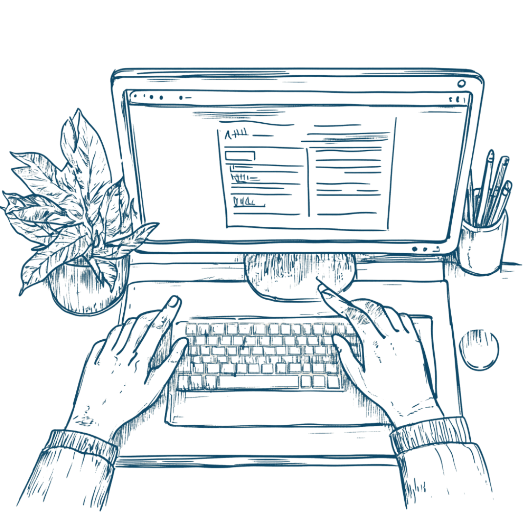 Hand-drawn illustration of hands typing on a laptop, symbolizing the administrative and digital work involved in coordinating Saba Community Food Alliance's operations, supporting ethical food distribution and community engagement in the Bay Area