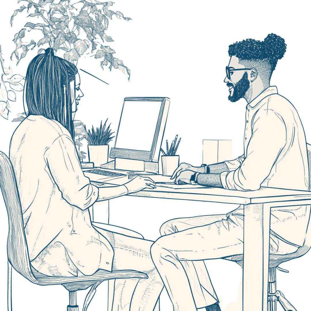 A hand-drawn illustration two people having a discussion at a desk with a computer, representing collaboration and teamwork in managing Saba Community Food Alliance's operations and ensuring the effective distribution of fresh produce in the Bay Area