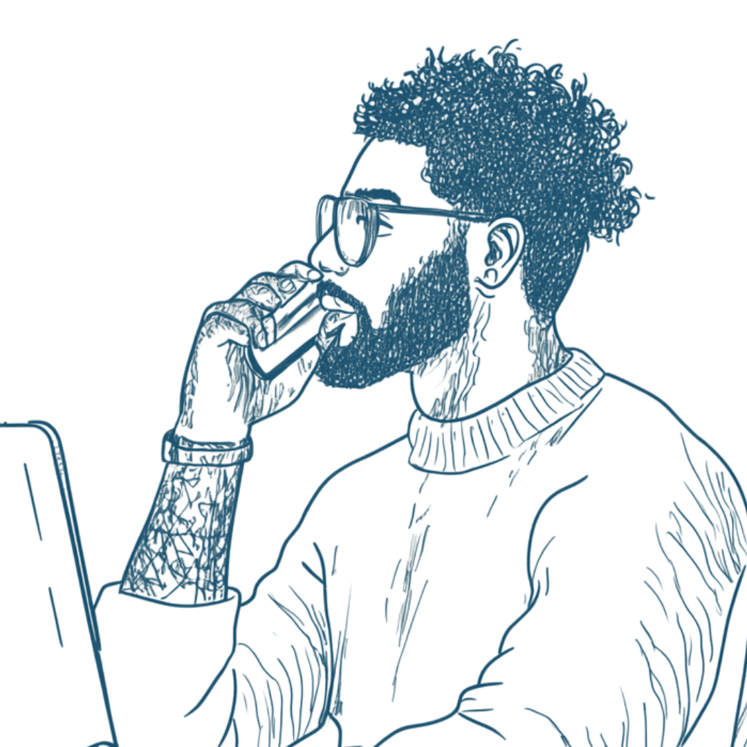 Hand-drawn illustration of a person deep in thought while working at a computer, symbolizing the strategic planning and problem-solving involved in managing Saba Community Food Alliance's efforts to support ethical food distribution in the Bay Area