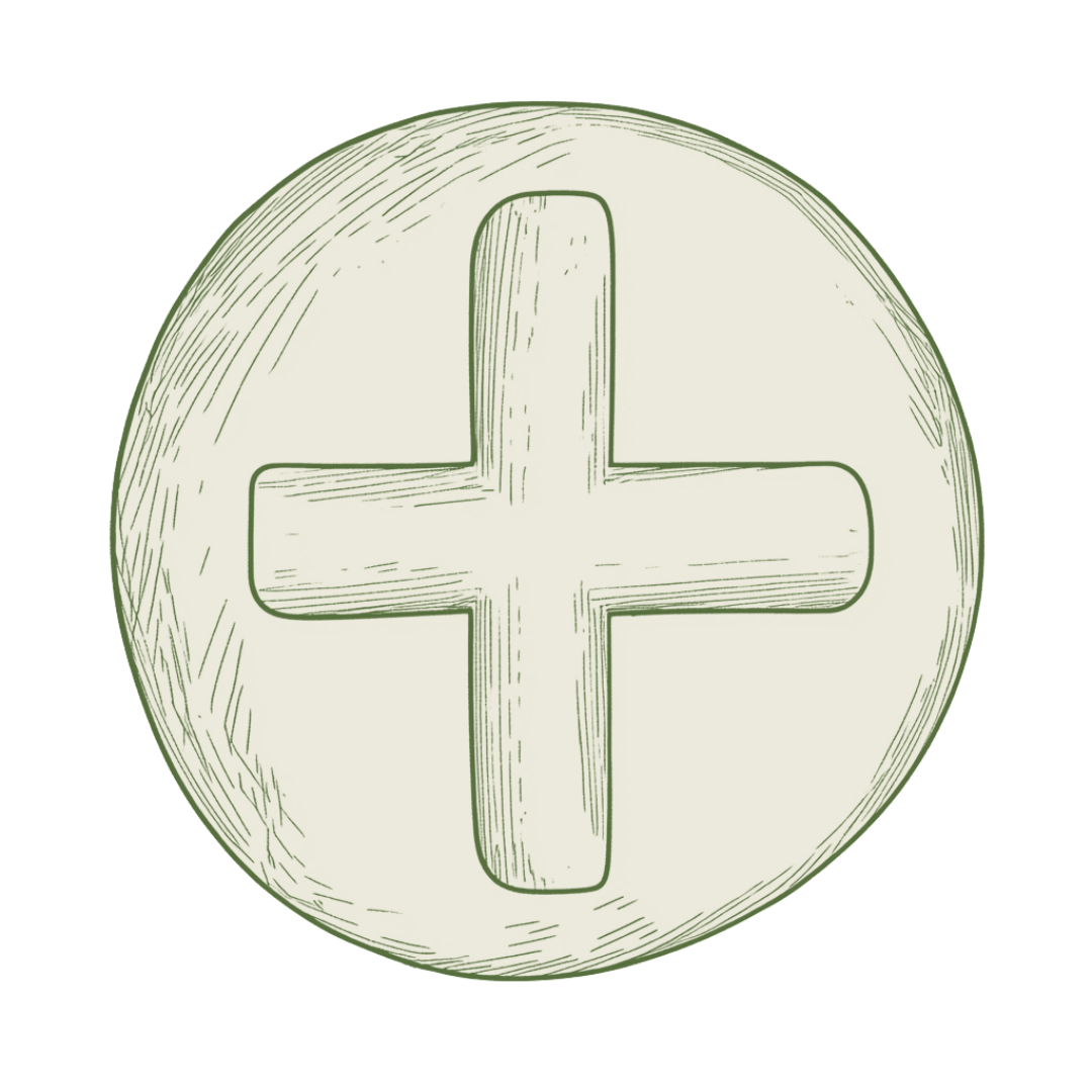 Hand-drawn illustration of a plus sign inside a circle, symbolizing addition, positivity, or health, which could represent the growth and positive impact of Saba Community Food Alliance's initiatives in the Bay Area