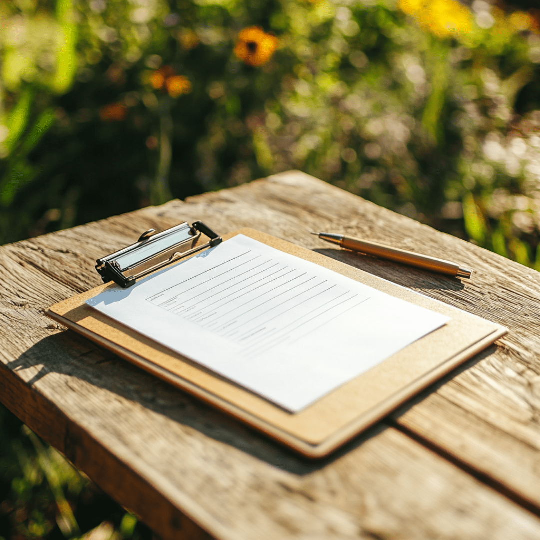 A clipboard with a form and pen resting on a wooden table outdoors, symbolizing the administrative side of farm operations and partnerships with Saba Community Food Alliance to ensure ethical food sourcing and distribution in the Bay Area