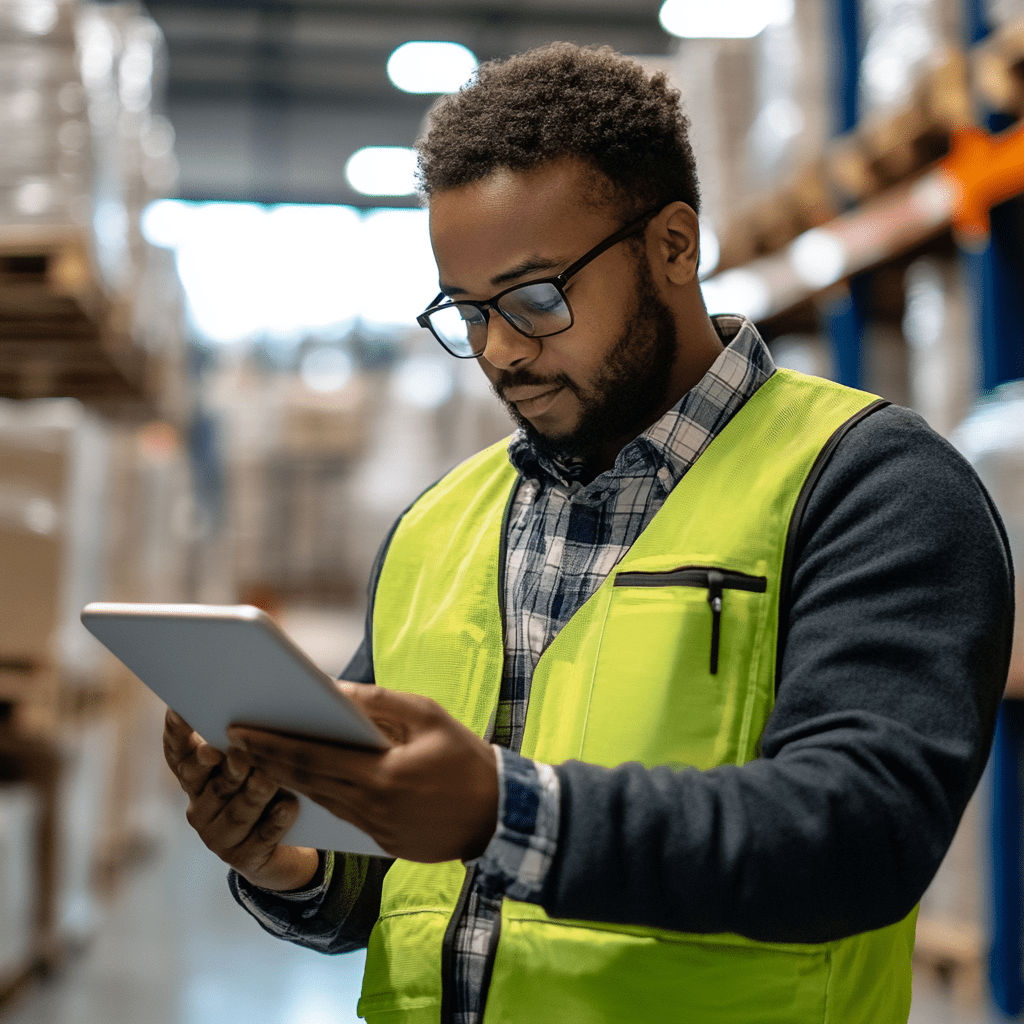 A logistics worker in a warehouse uses a tablet to manage inventory, reflecting the efficiency and organization involved in the distribution process at Saba Community Food Alliance, ensuring timely delivery of fresh produce to the Bay Area community.
