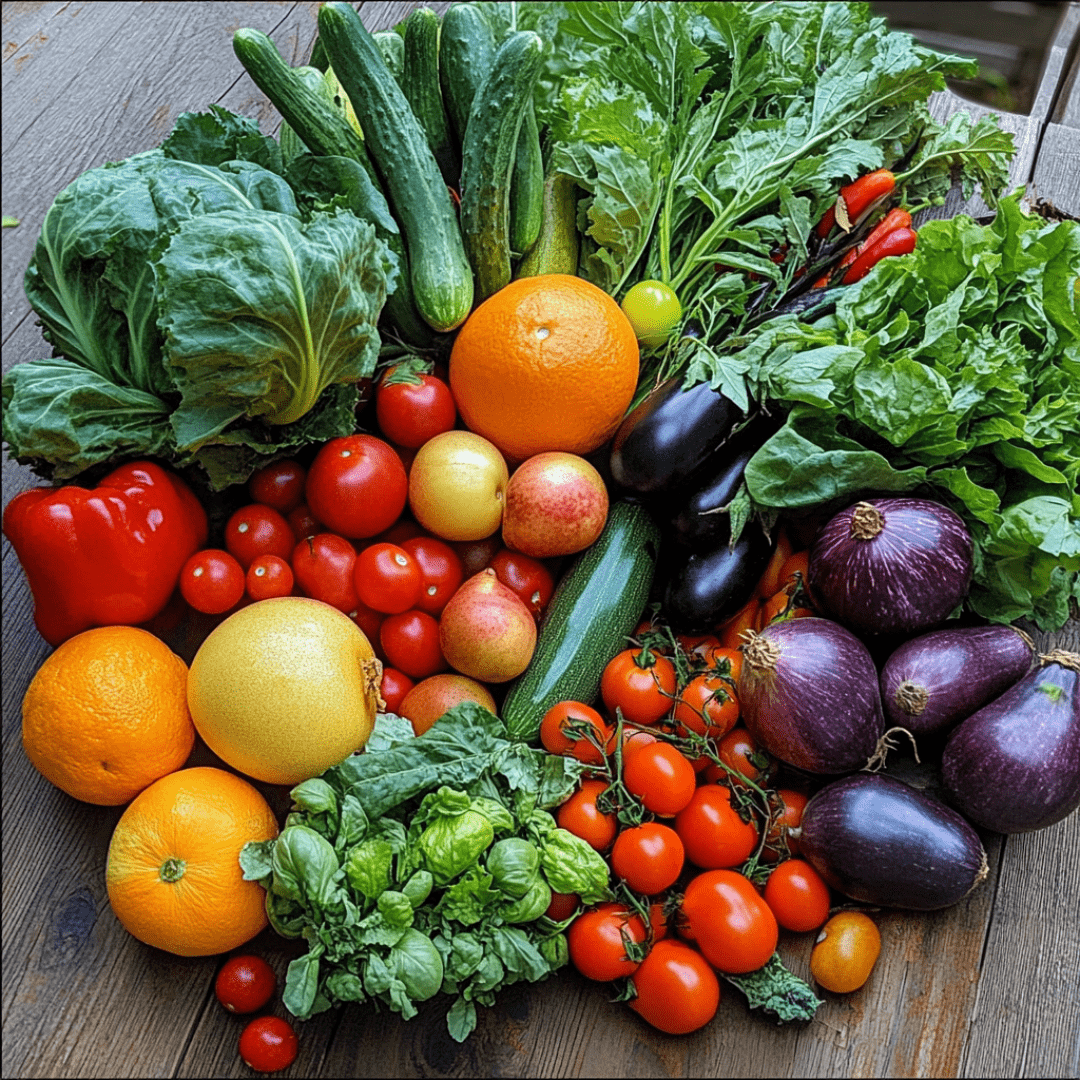 An assortment of fresh, vibrant produce including leafy greens, tomatoes, cucumbers, eggplants, peppers, citrus fruits, and apples, showcasing the variety of locally sourced fruits and vegetables provided by Saba Community Food Alliance for ethical f