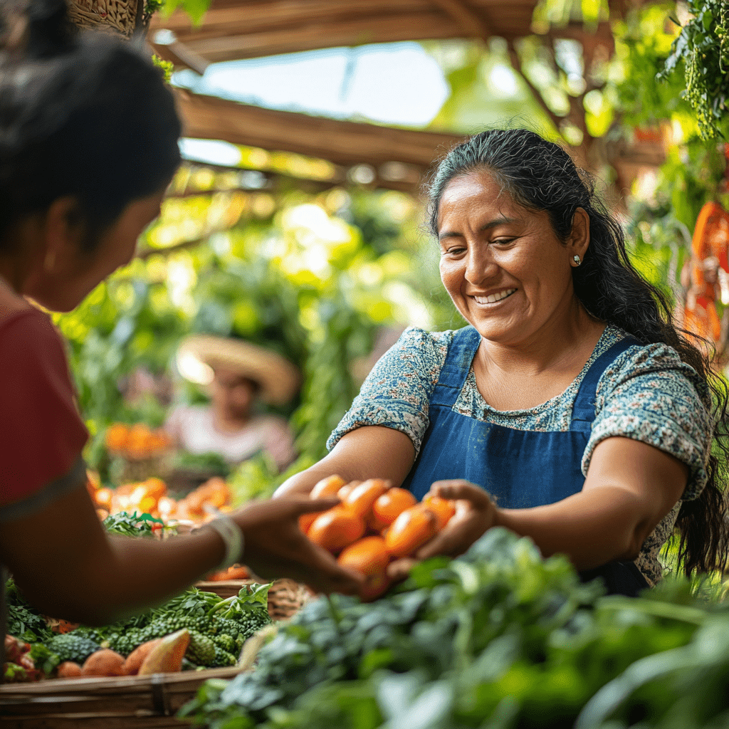 A smiling BIPOC woman at a farmers market handing fresh tomatoes to a customer, symbolizing the community-driven approach of Saba Community Food Alliance in supporting local farmers and providing fresh produce in the Bay Area