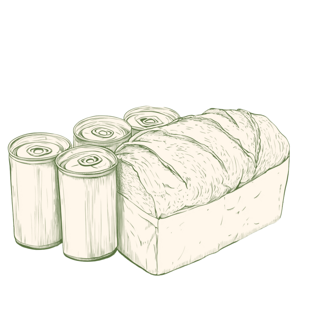 Hand-drawn illustration of a loaf of bread accompanied by several canned goods, representing the staple foods provided by Saba Community Food Alliance to support food security and ethical distribution in the Bay Area