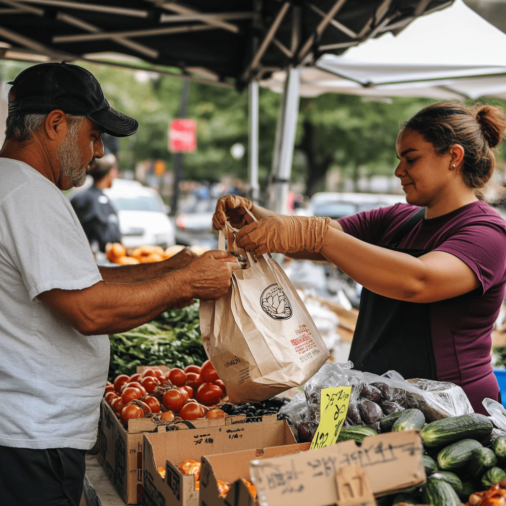 A vendor hands a bag of fresh produce to a customer at a farmers market, highlighting Saba Community Food Alliance's support for local food distribution and access to farm-fresh, ethically sourced produce in the Bay Area.