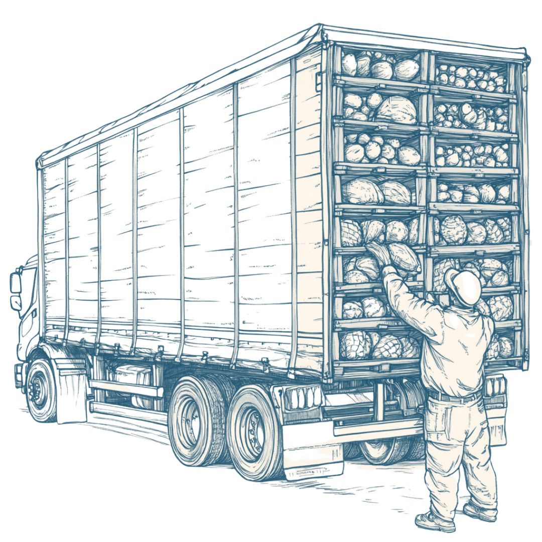 Hand-drawn illustration of a person loading crates of produce into a delivery truck, representing the logistical efforts of Saba Community Food Alliance in distributing fresh, ethically sourced food across the Bay Area