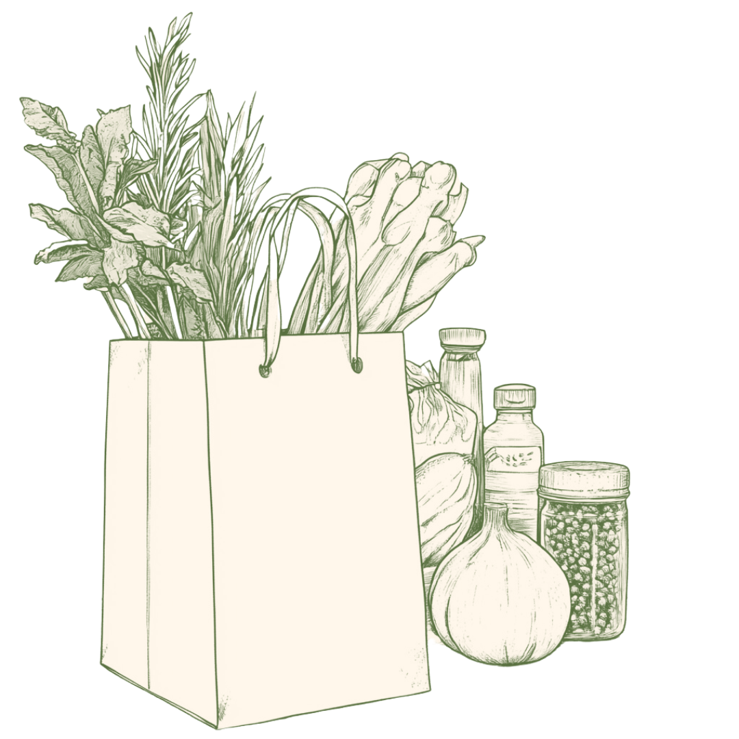 Illustration of a grocery bag filled with fresh produce and pantry staples, symbolizing Saba Community Food Alliance's commitment to delivering ethically sourced, farm-to-table ingredients from BIPOC farmers.