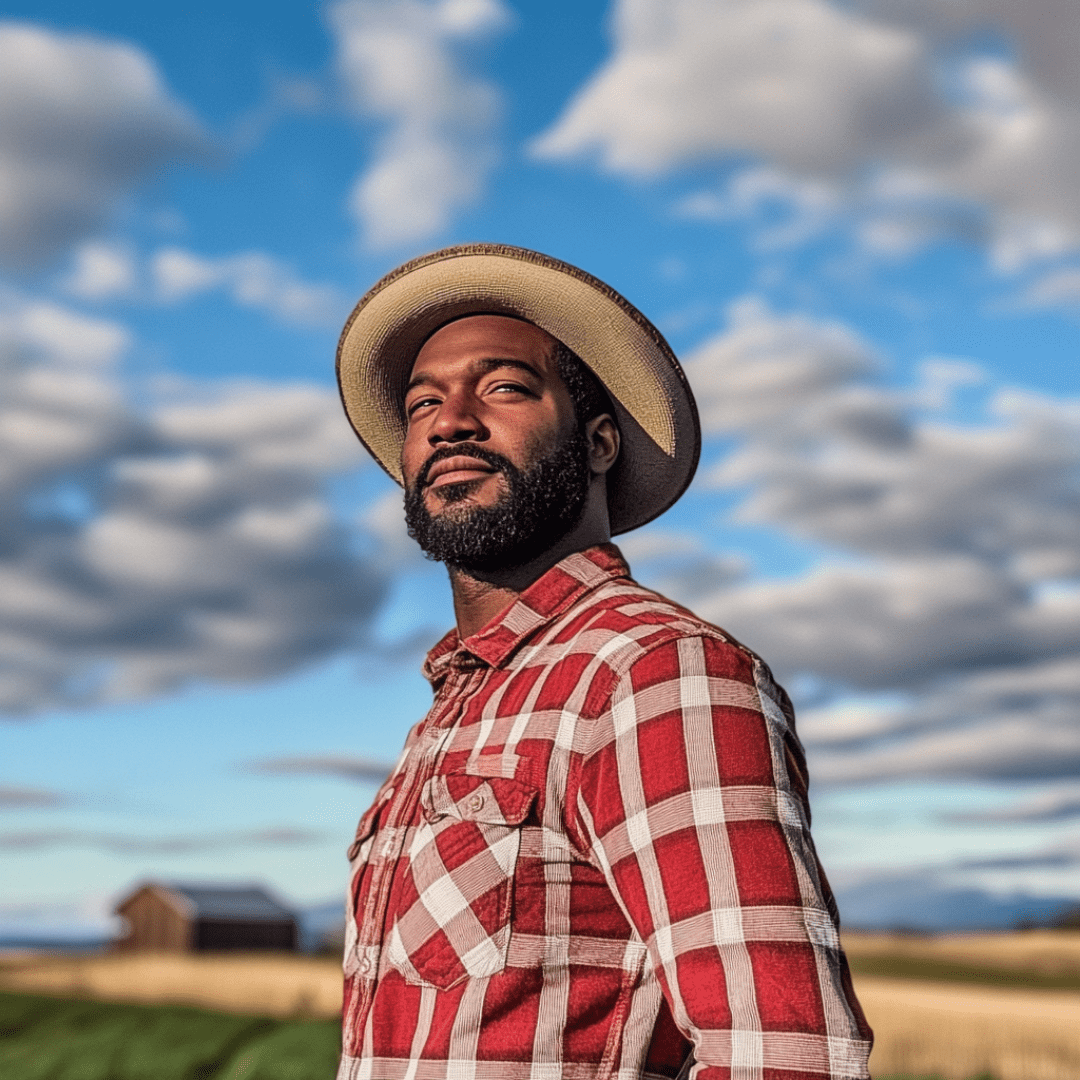 Portrait of a BIPOC farmer in a plaid shirt and straw hat, standing confidently in a field under a blue sky, representing the hardworking farmers partnering with Saba Community Food Alliance to provide fresh, ethically sourced produce in the Bay Area