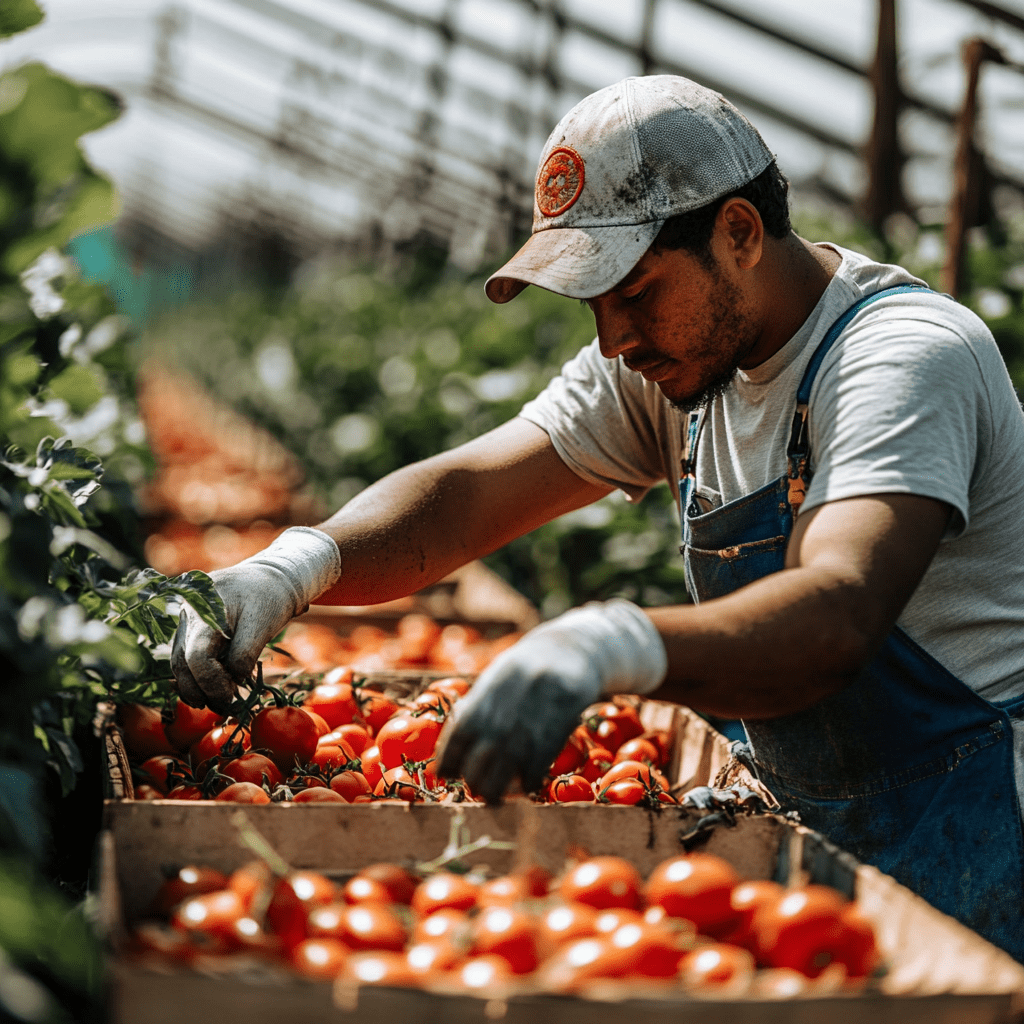 A farmer carefully harvesting ripe tomatoes in a greenhouse, representing the hands-on dedication of local BIPOC farmers who partner with Saba Community Food Alliance to provide fresh, ethically sourced produce for Bay Area communities.