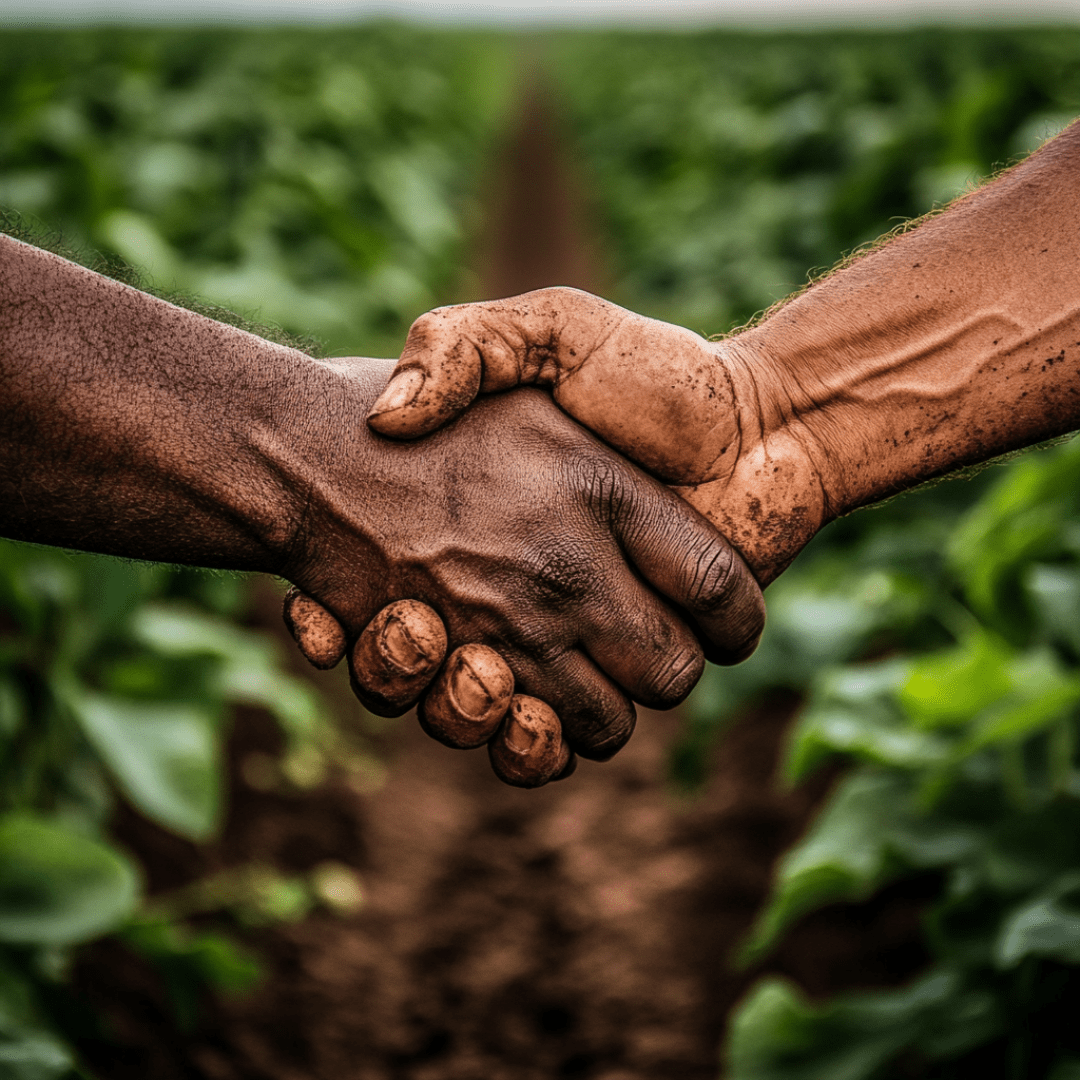 Close-up of two farmers' hands, one Black and one White, shaking hands with soil-stained fingers in a field, symbolizing the partnership and collaboration between farmers and Saba Community Food Alliance in promoting ethical sourcing and supporting B